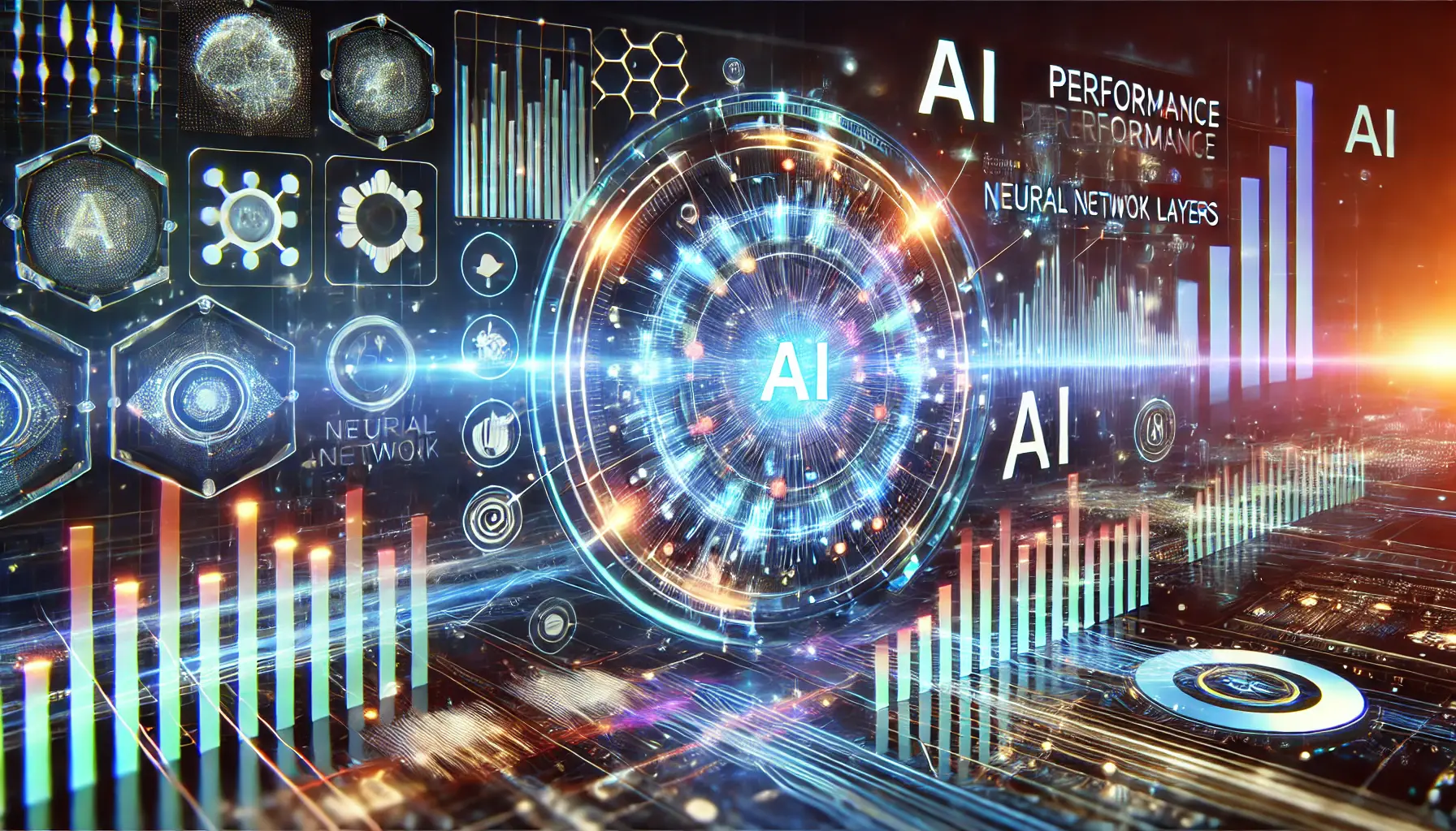 A high-tech interface showing glowing graphs and performance metrics being processed by AI systems, symbolizing AI performance evaluation.