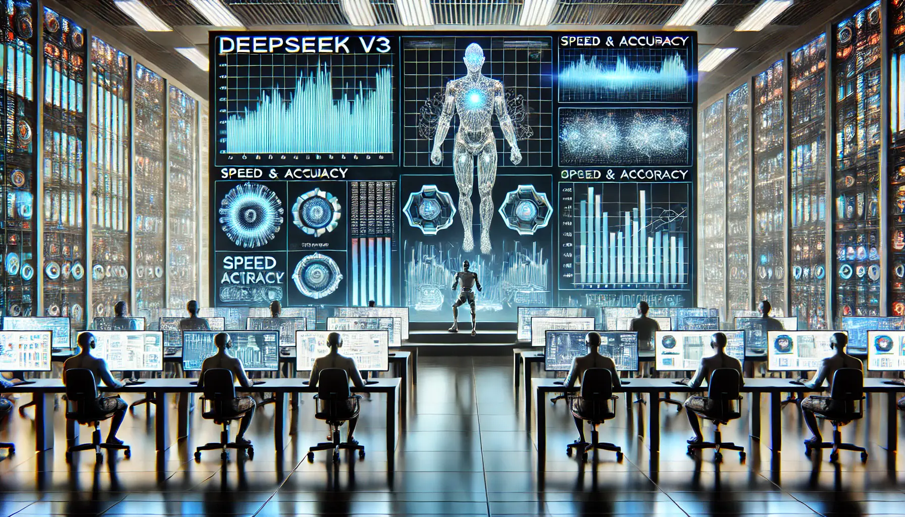 A high-tech AI performance evaluation lab with multiple AI models being tested, showing performance graphs and real-time data processing.