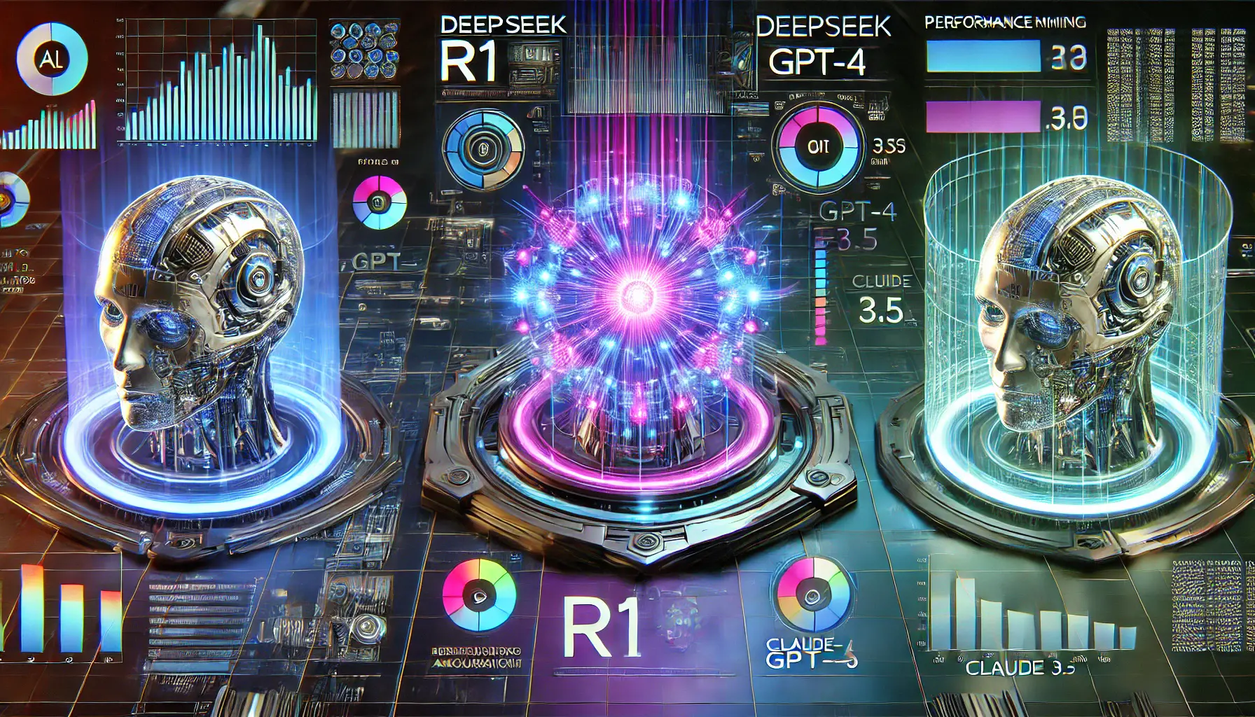 A futuristic AI benchmarking interface comparing DeepSeek R1, GPT-4, and Claude 3.5, with three glowing AI cores and holographic performance charts.