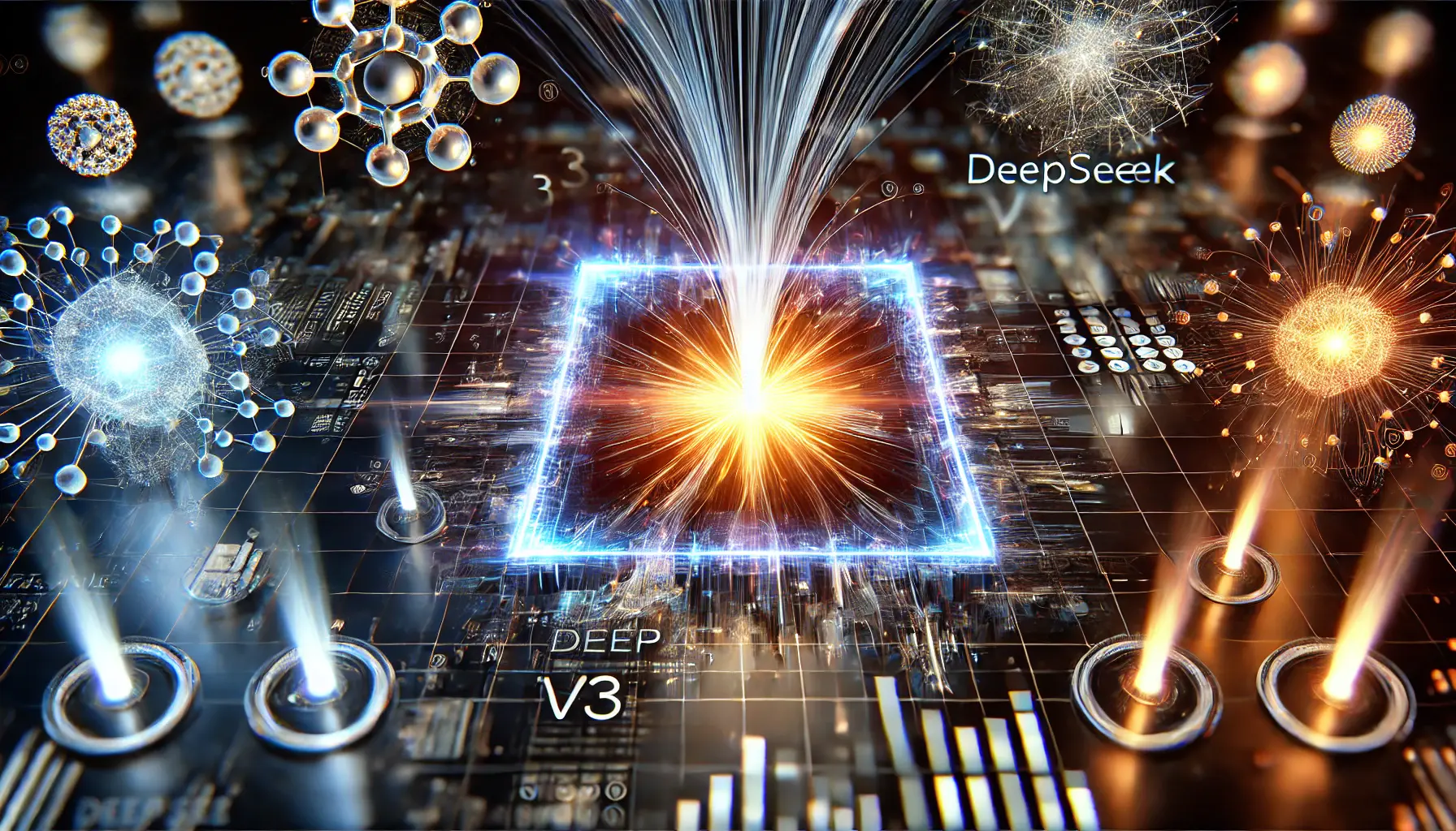 A dynamic visualization of AI performance benchmarks, featuring multiple AI cores with glowing energy, representing DeepSeek v3 and its competitors.