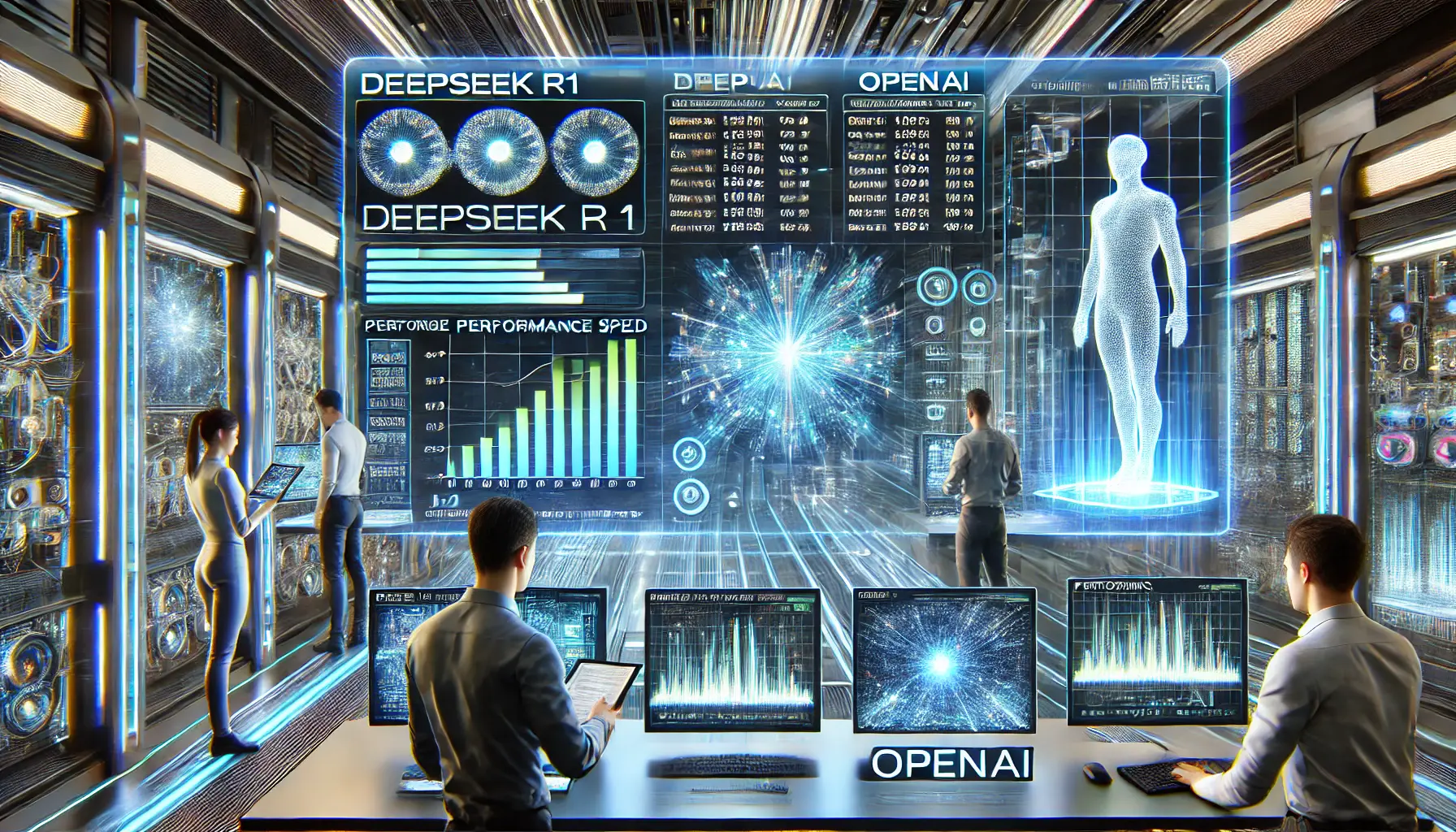 A futuristic AI benchmarking lab with holographic performance graphs, AI computation speed charts, and efficiency metrics comparing DeepSeek R1 and OpenAI’s models.