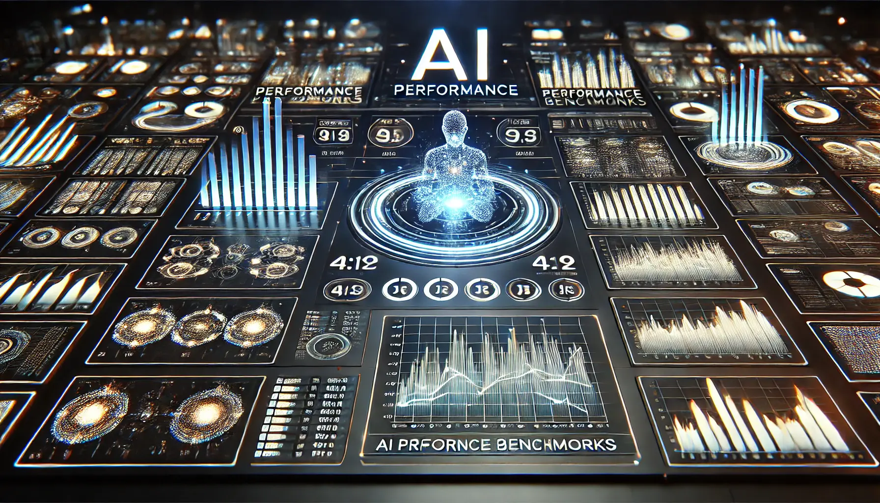 A high-tech visualization of AI performance benchmarks, showing glowing digital graphs and performance bars for different AI models.