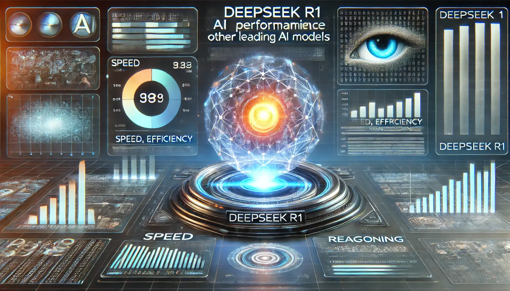 A futuristic AI performance comparison dashboard featuring DeepSeek R1 and other AI models, with holographic charts and benchmarking data.