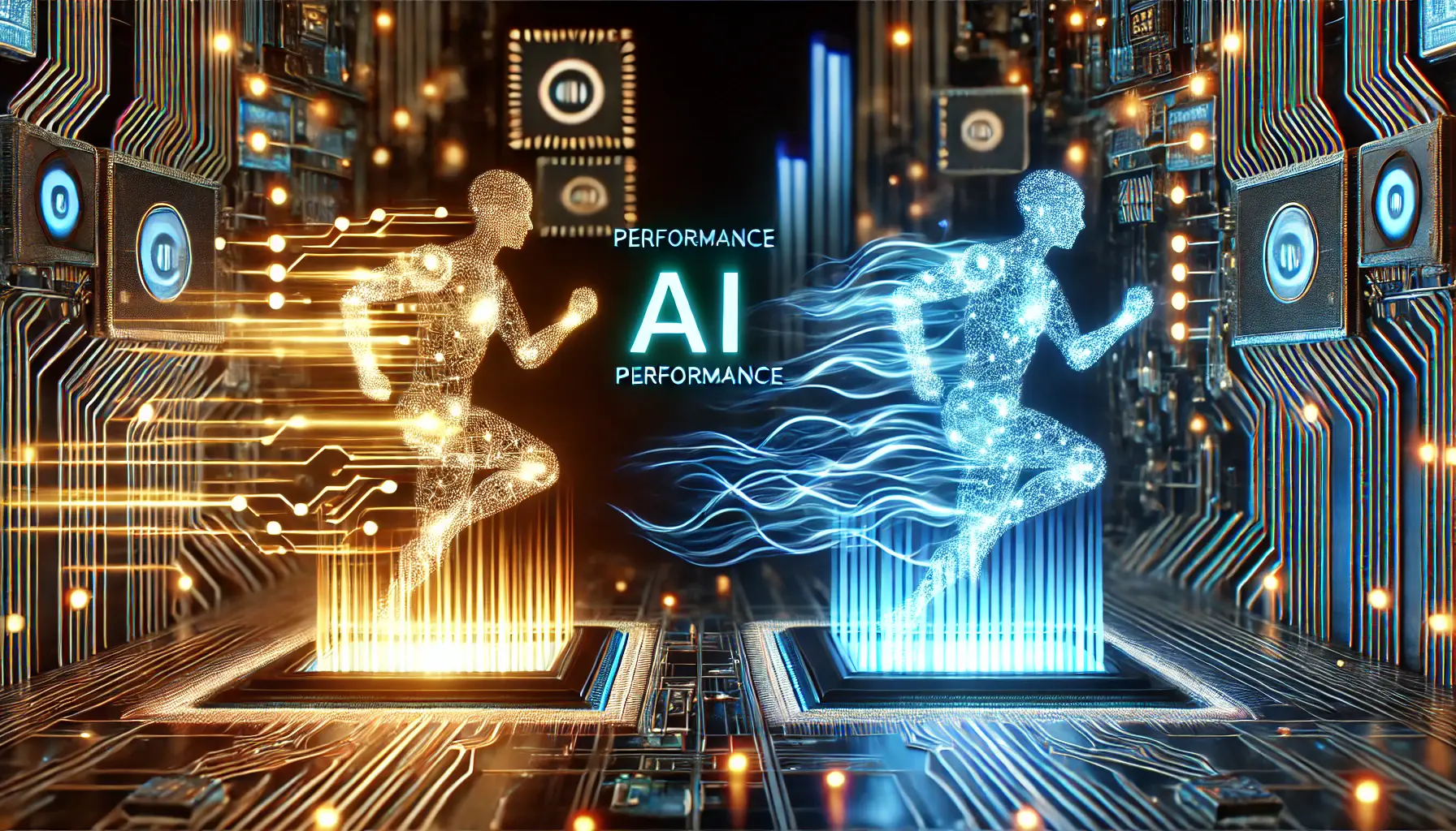 A futuristic AI environment with two glowing AI systems displaying varying levels of intensity and speed, symbolizing differences in processing power and performance.