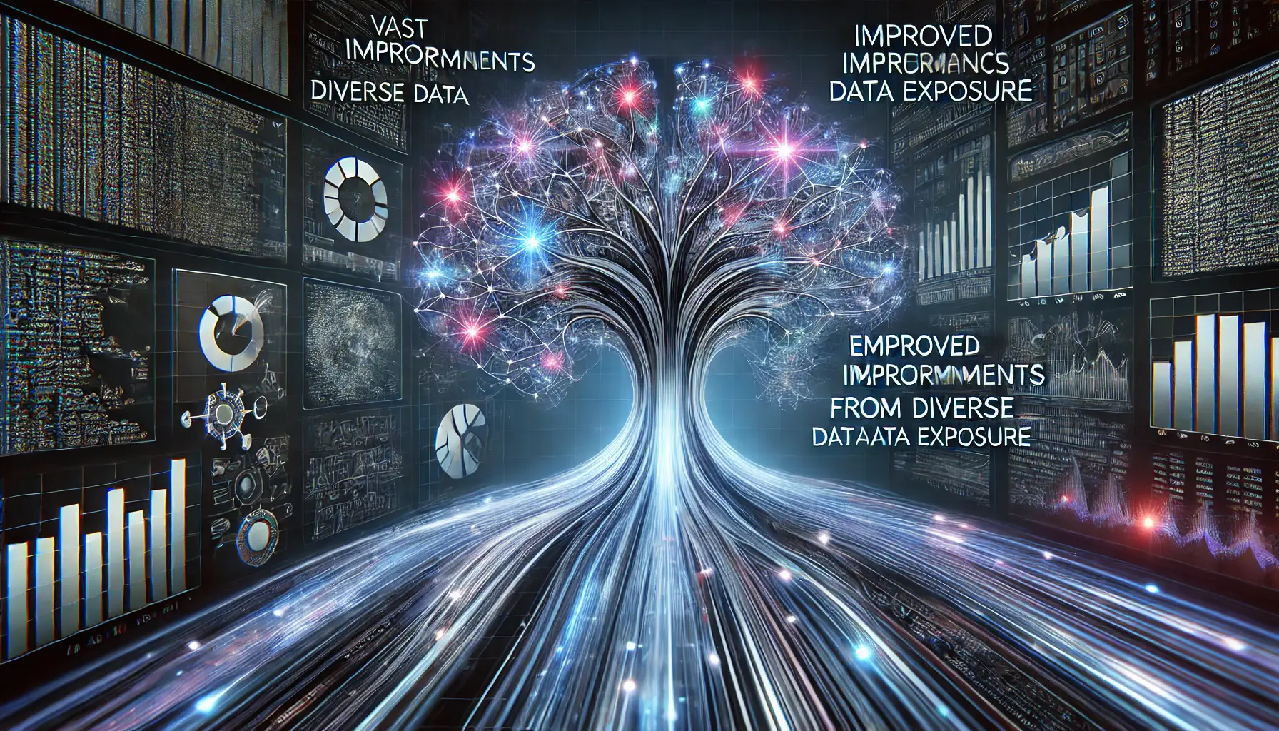 A futuristic AI visualization depicting an advanced neural network processing various data types, represented as glowing data streams feeding into an AI core, symbolizing improved adaptability and accuracy.