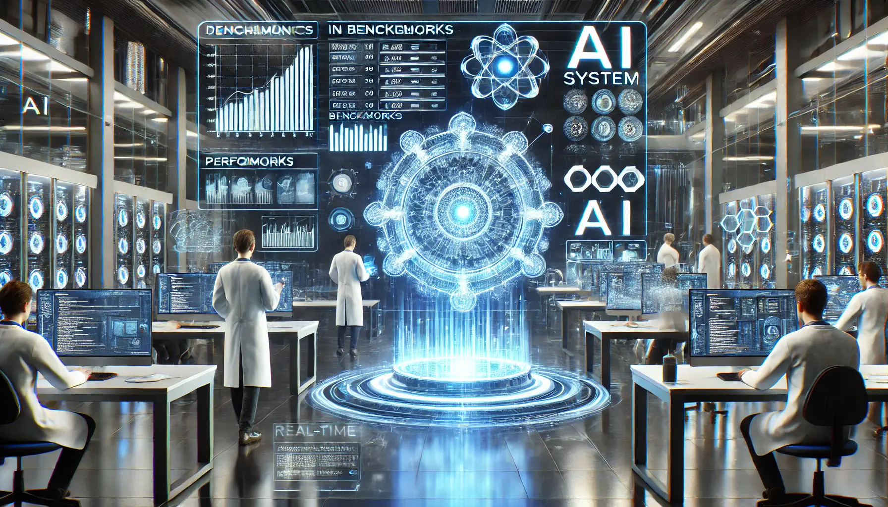 A futuristic AI system being tested on mathematical, coding, and natural language tasks in a high-tech lab.