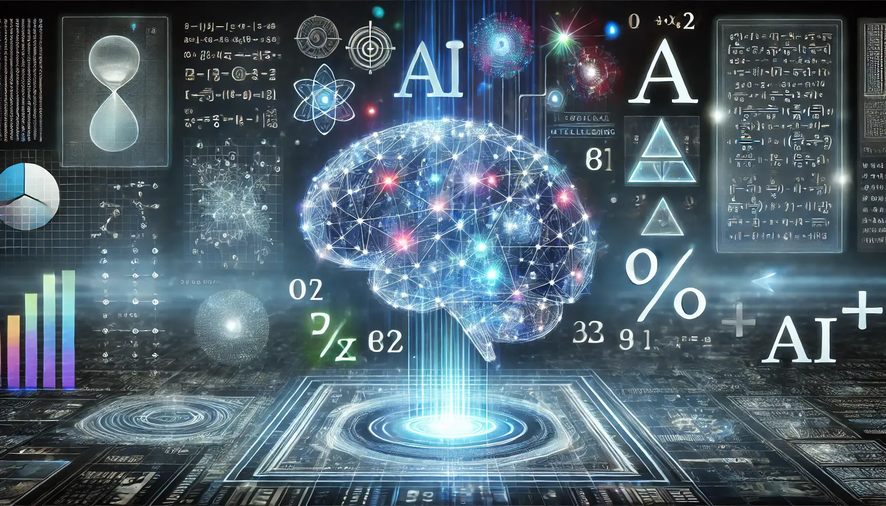 A futuristic AI brain processing logical reasoning and mathematical equations with floating holographic numbers and geometric patterns.