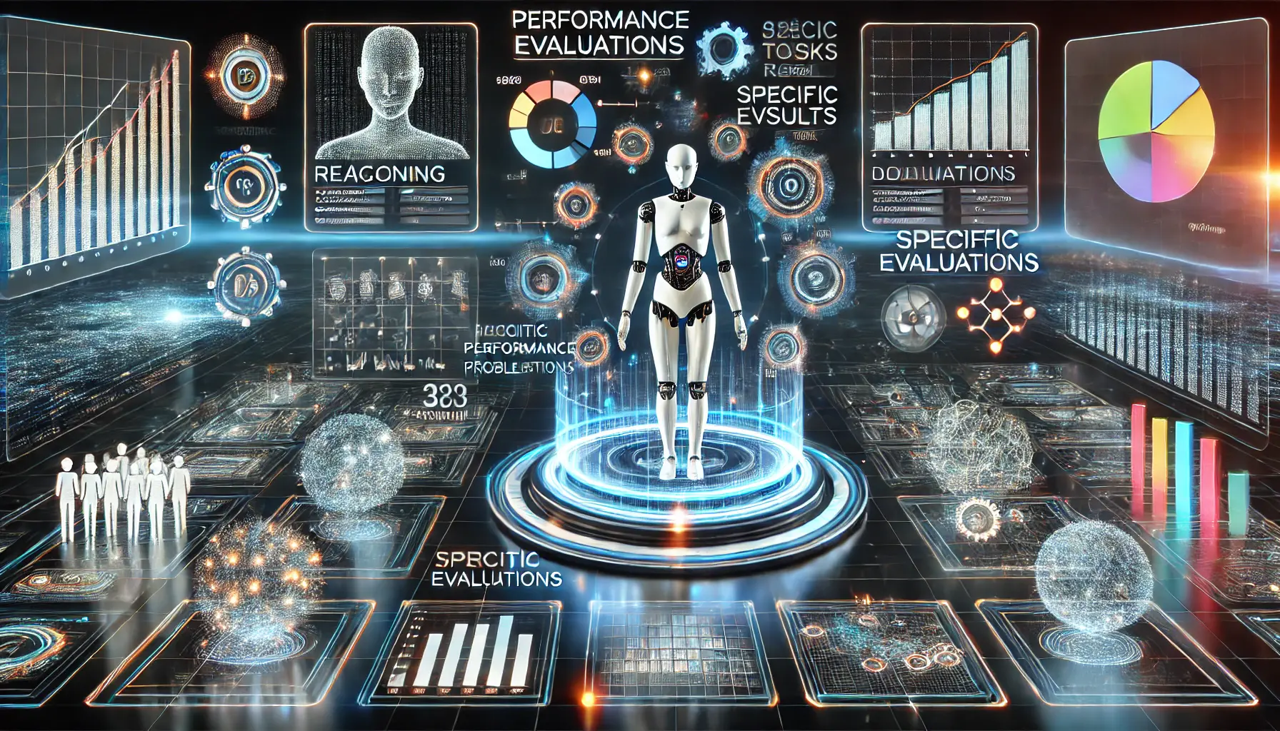 A futuristic visualization of AI performance in evaluations, featuring an AI model surrounded by digital performance graphs, metrics, and holographic indicators for tasks like reasoning, coding, and problem-solving.