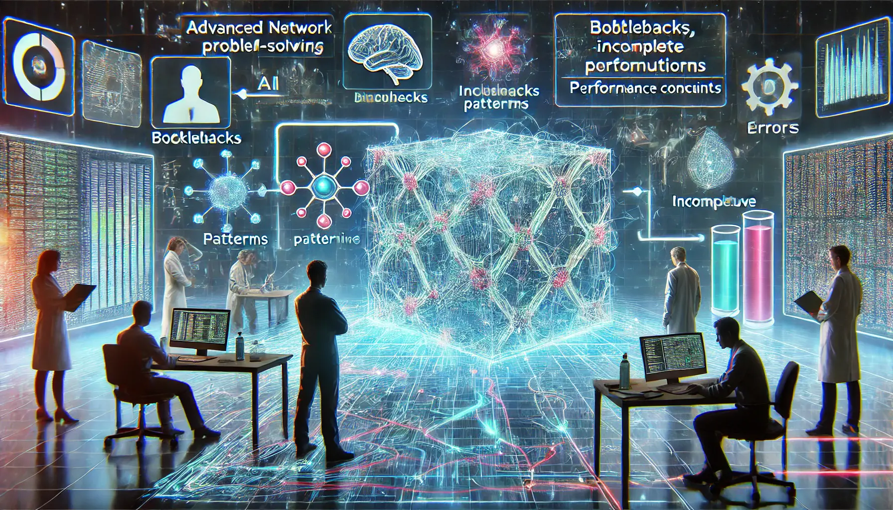 A futuristic AI system encountering difficulties with complex problem-solving tasks, showing computational bottlenecks and errors in holographic data visualizations.