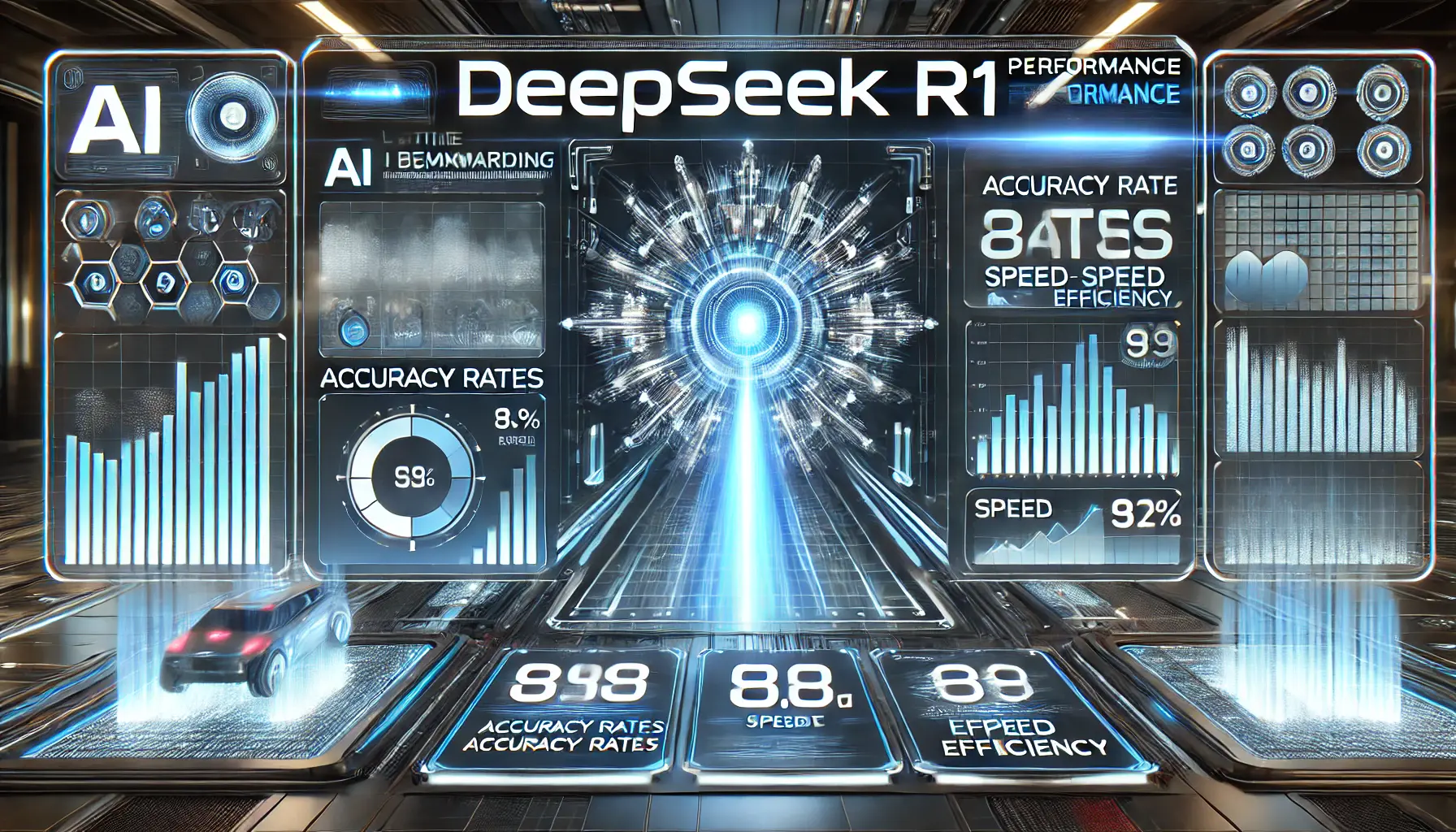 A futuristic AI performance dashboard displaying benchmarking metrics, including accuracy, speed, and efficiency, with dynamic graphs and charts.