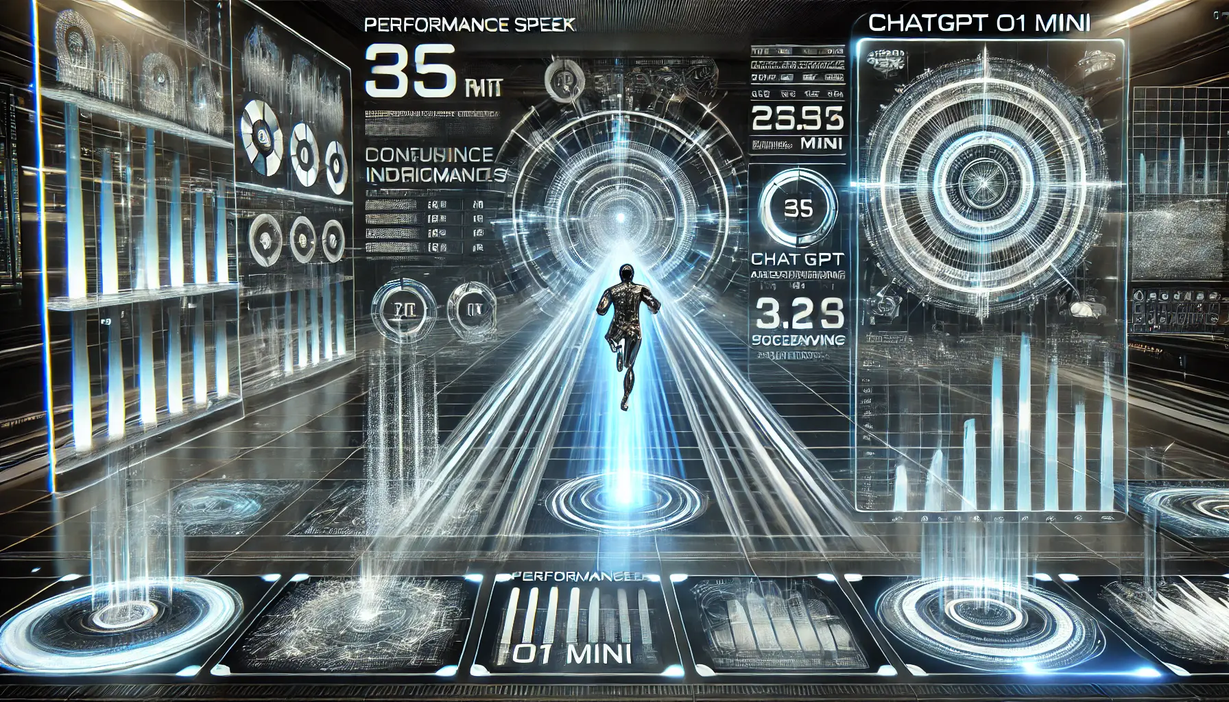 A futuristic digital dashboard displaying performance metrics and benchmarks for ChatGPT o1 Mini, showcasing computational speed, accuracy, and efficiency.