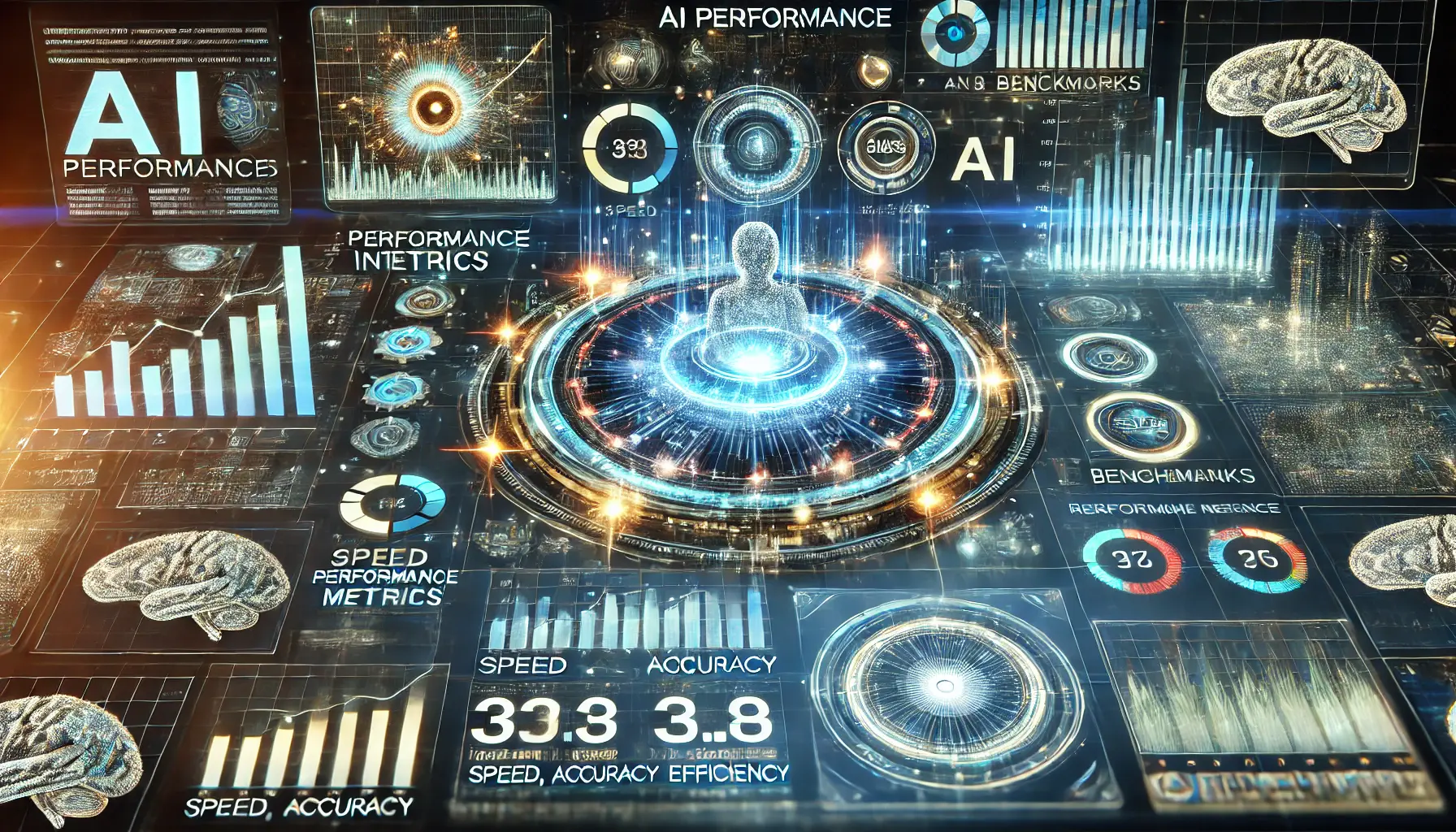 A futuristic digital interface displaying holographic graphs and performance data for AI models, emphasizing metrics like speed, accuracy, and efficiency.