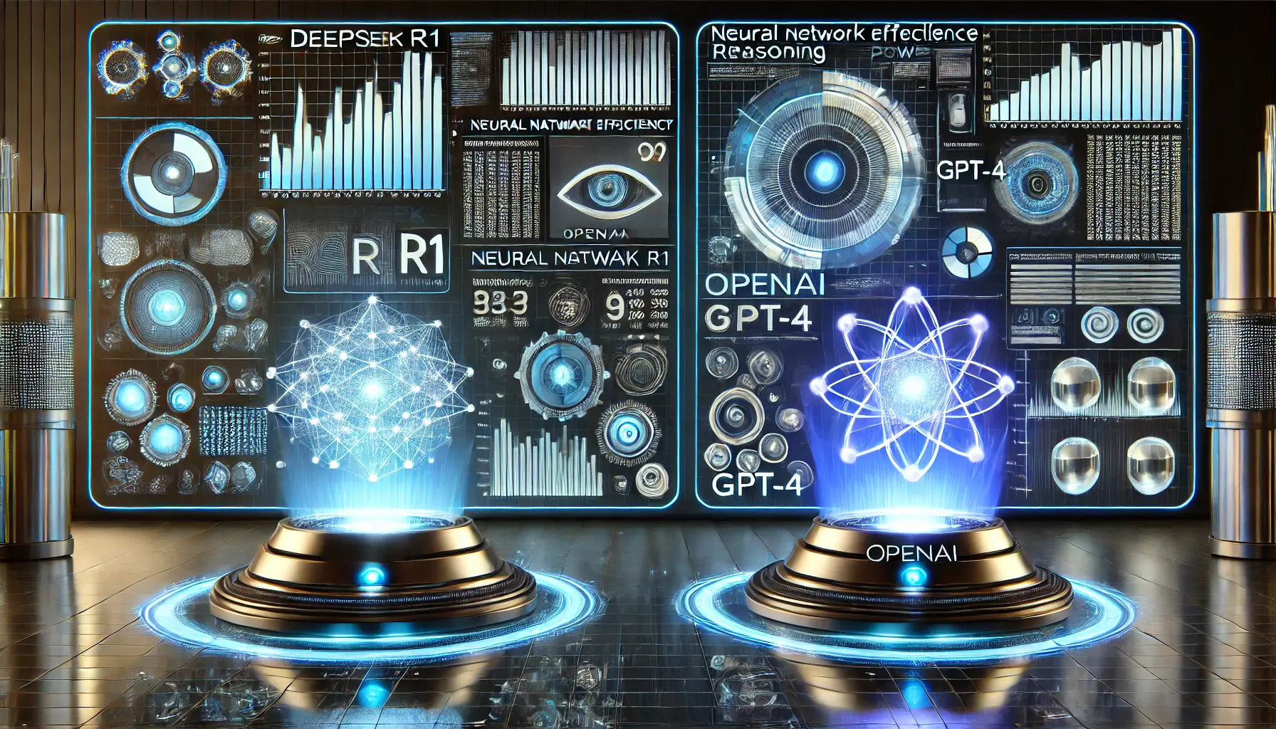 A futuristic AI performance comparison between DeepSeek R1 and OpenAI's GPT-4. The image features a sleek digital interface with holographic graphs and charts displaying neural network efficiency, reasoning benchmarks, and computational power. Two advanced AI cores are showcased side by side, glowing in blue and white light, symbolizing the cutting-edge technology behind both models. The background includes a high-tech lab environment, emphasizing AI research and innovation.