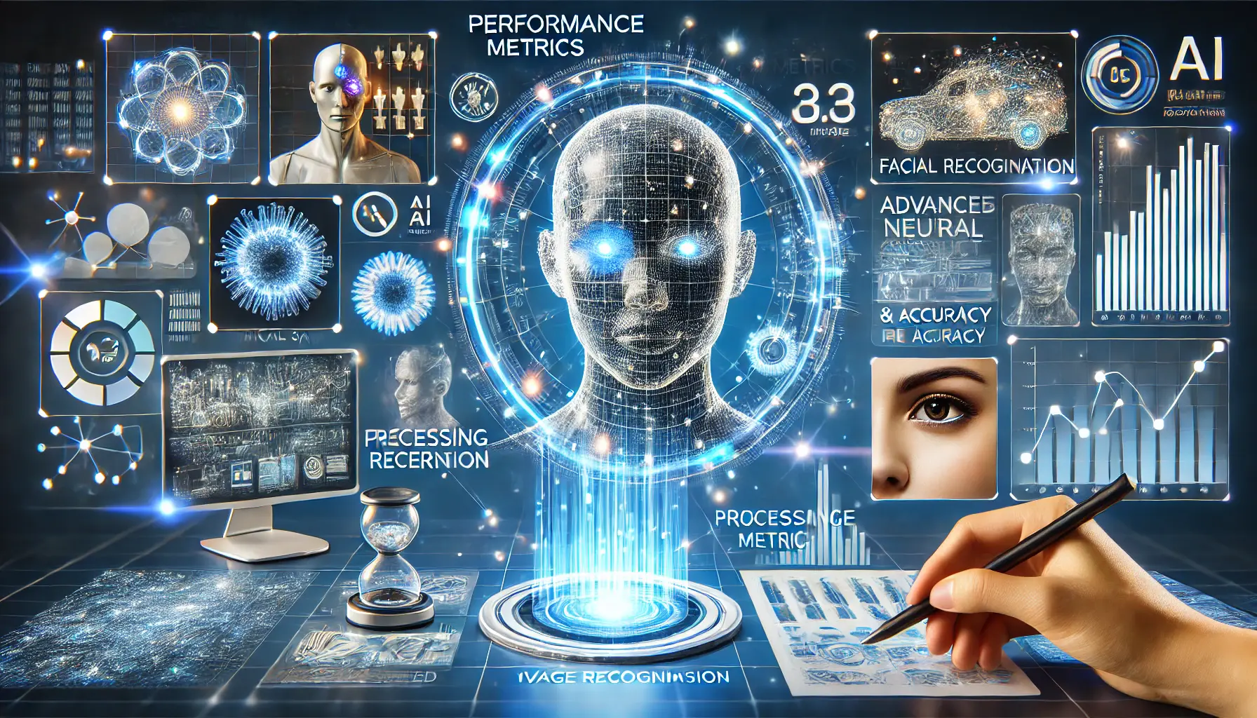 A high-tech AI system analyzing various image types with glowing data streams representing performance metrics.