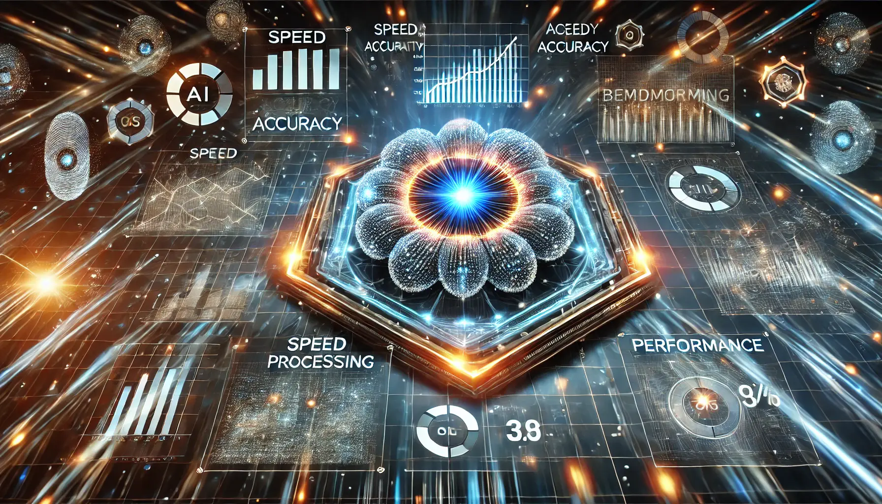 An AI core surrounded by digital elements representing performance metrics like speed, accuracy, and efficiency.