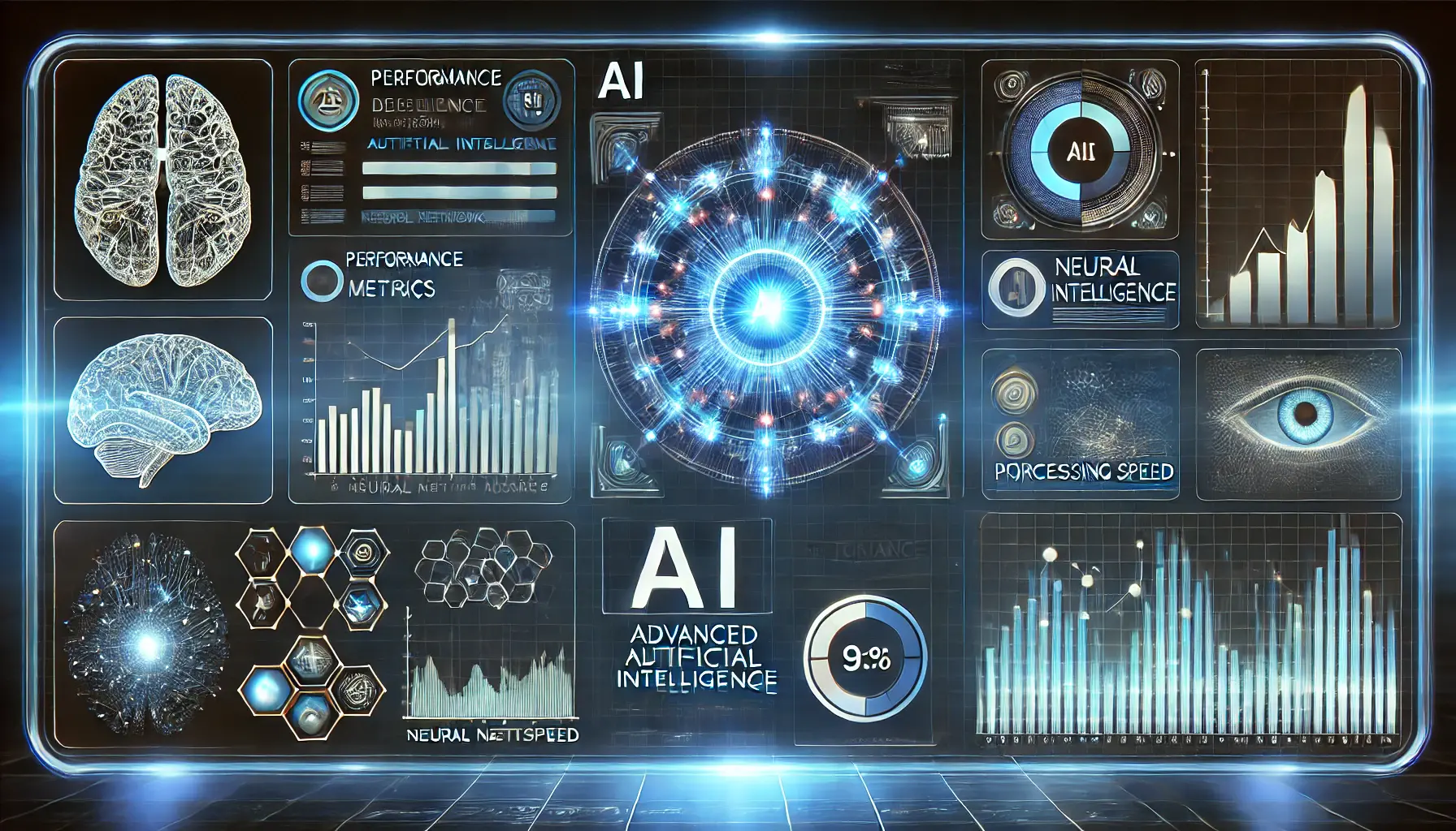 A futuristic AI dashboard displaying glowing data charts, analytical graphs, and neural network visualizations representing performance evaluation.