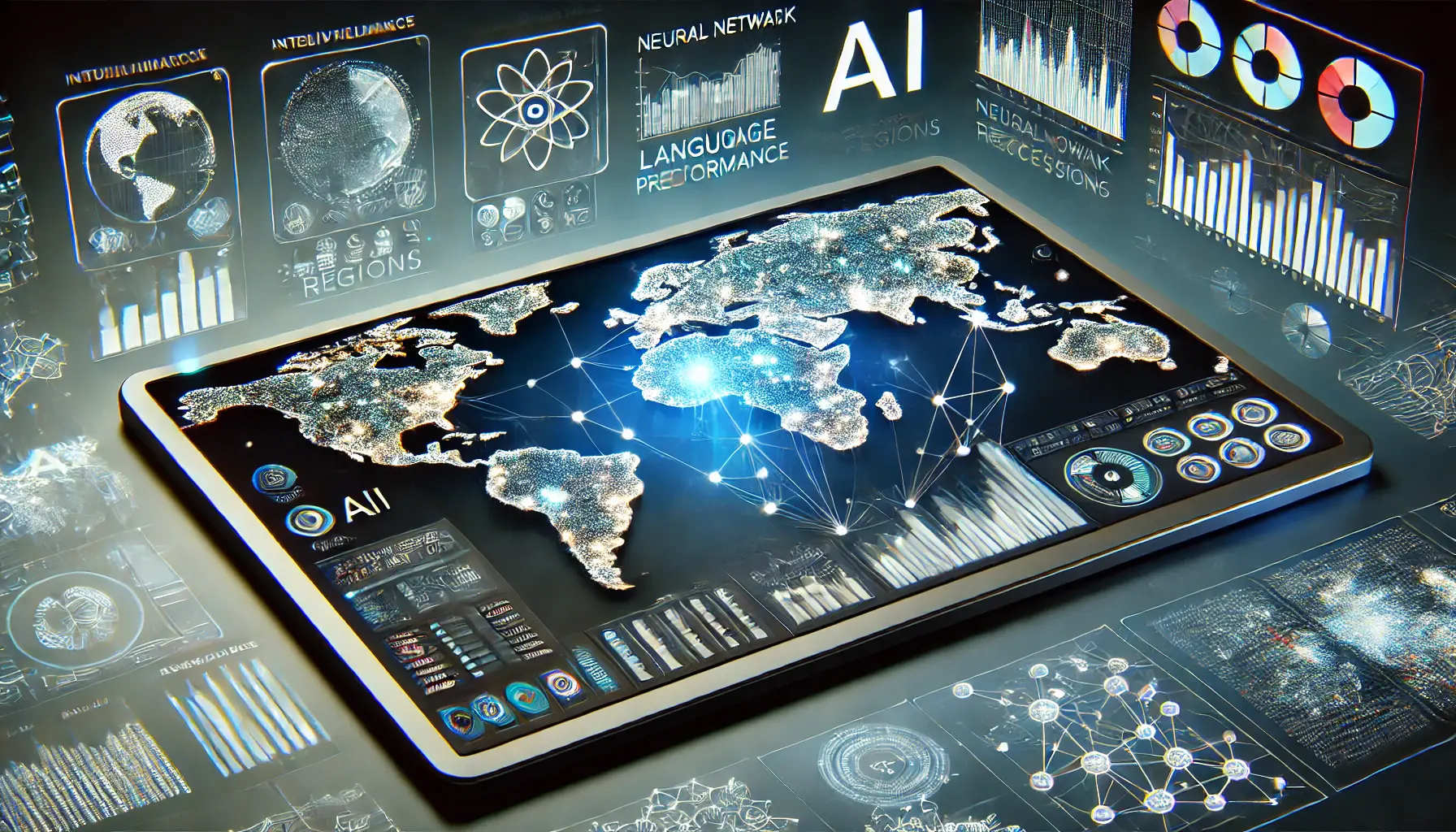 A high-tech AI-powered dashboard analyzing language performance across different regions with interactive maps and data visualizations.