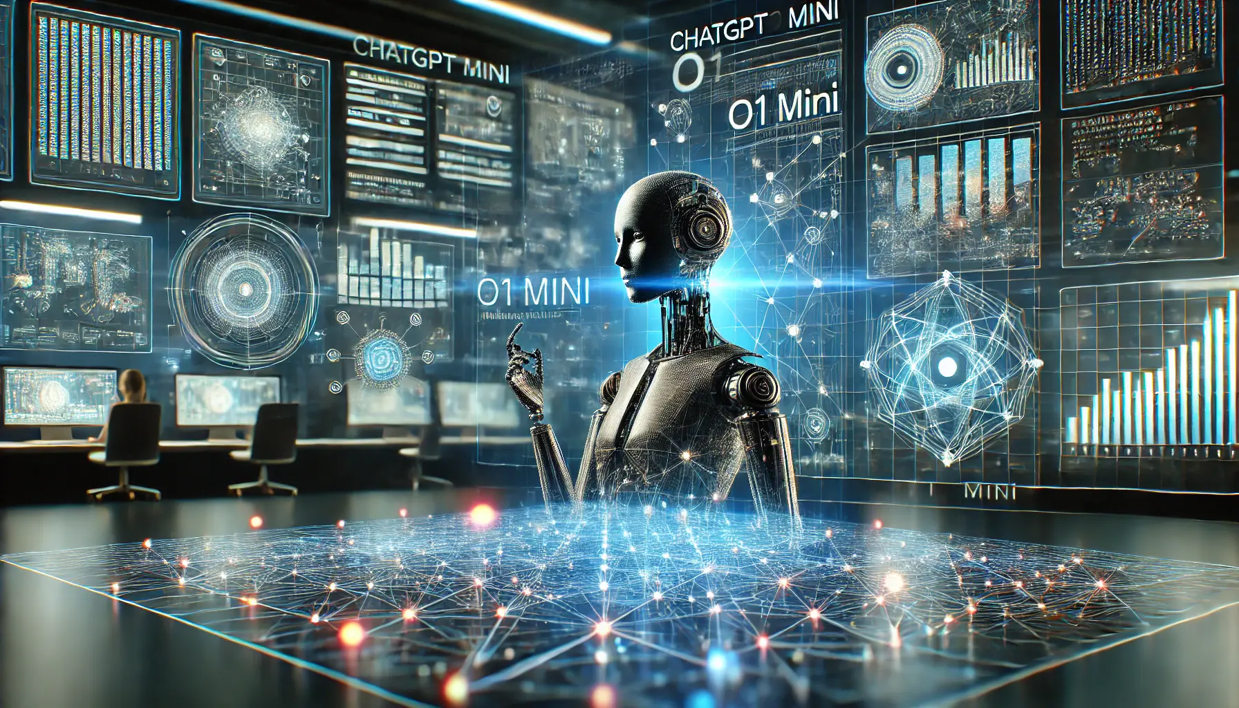 A high-tech AI interface visualizing ChatGPT o1 Mini analyzing and processing multiple languages with interconnected nodes and data streams.