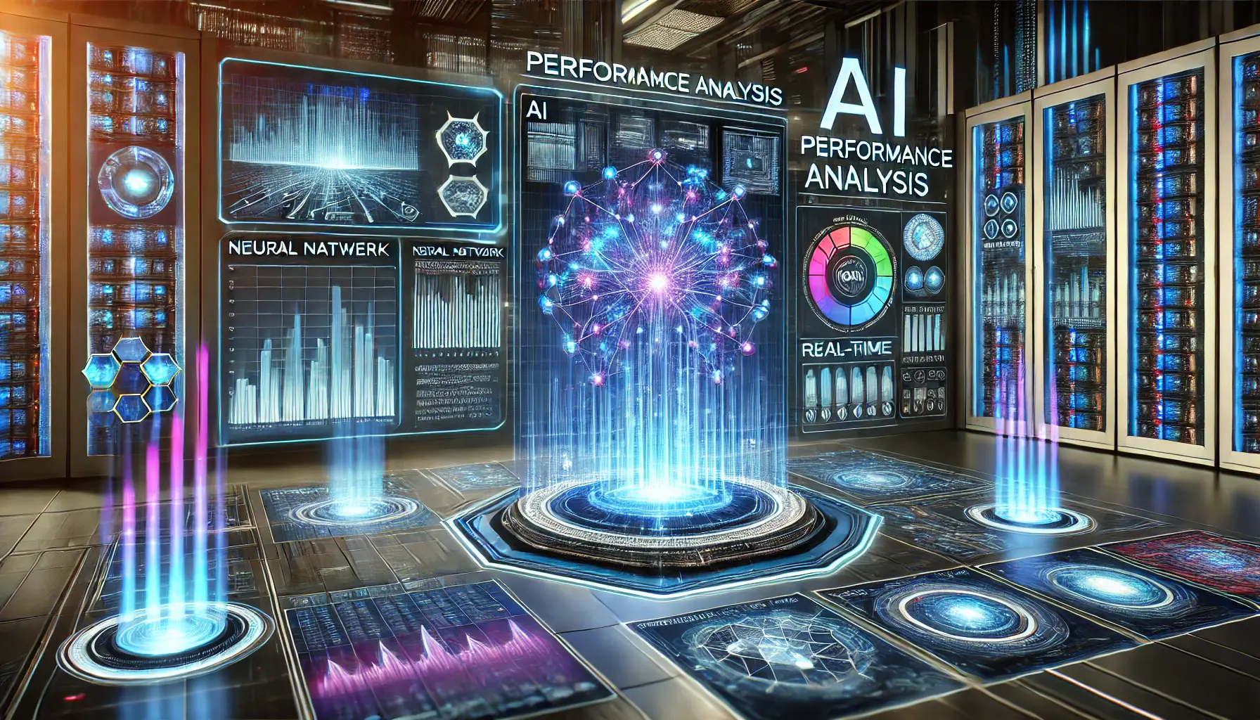 A futuristic control room with holographic displays and digital dashboards analyzing AI performance metrics, featuring glowing graphs and neural network visualizations.