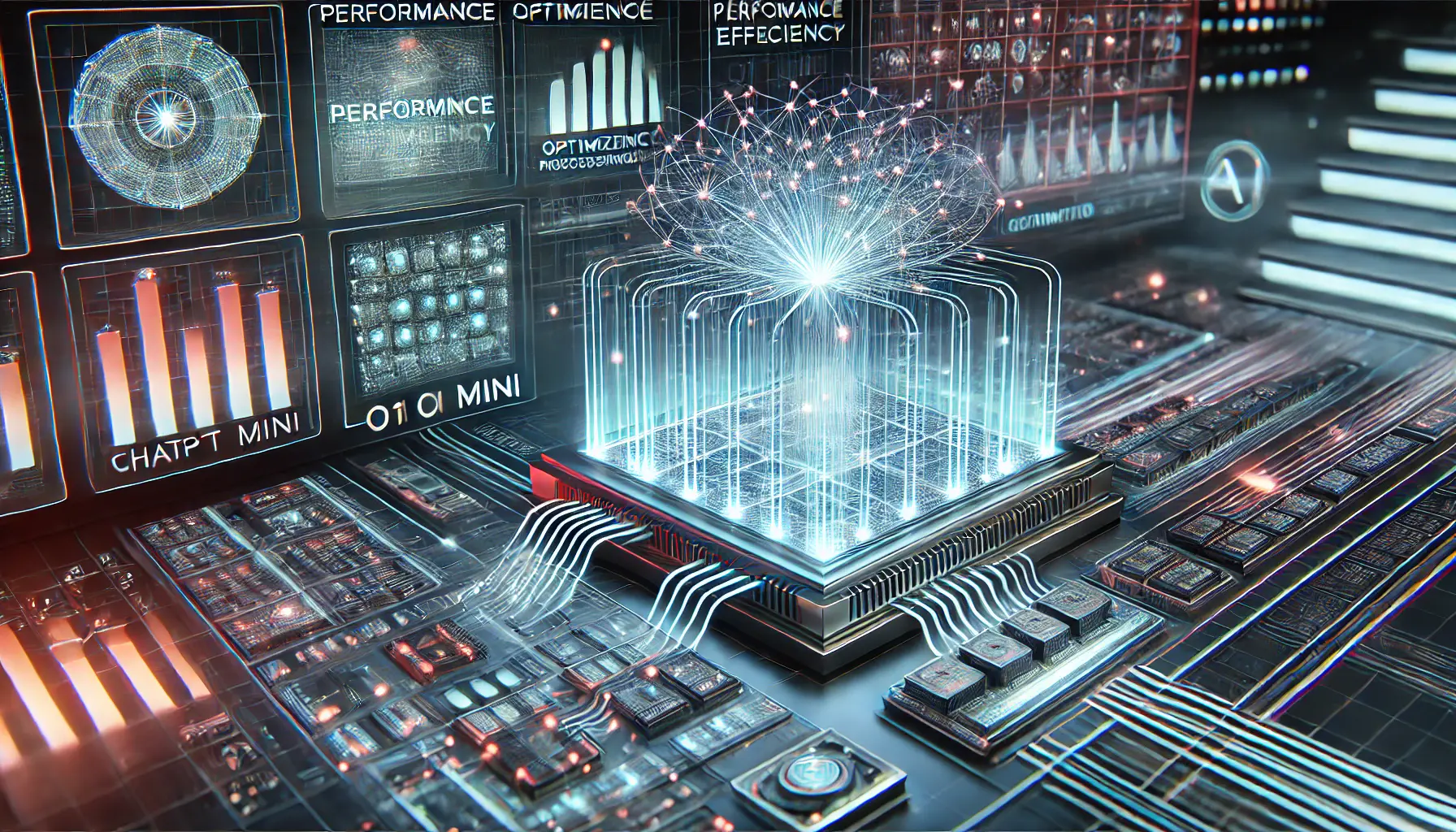 A futuristic visualization of performance optimization in AI, showing glowing data flows and optimized processing units in a high-tech digital environment.