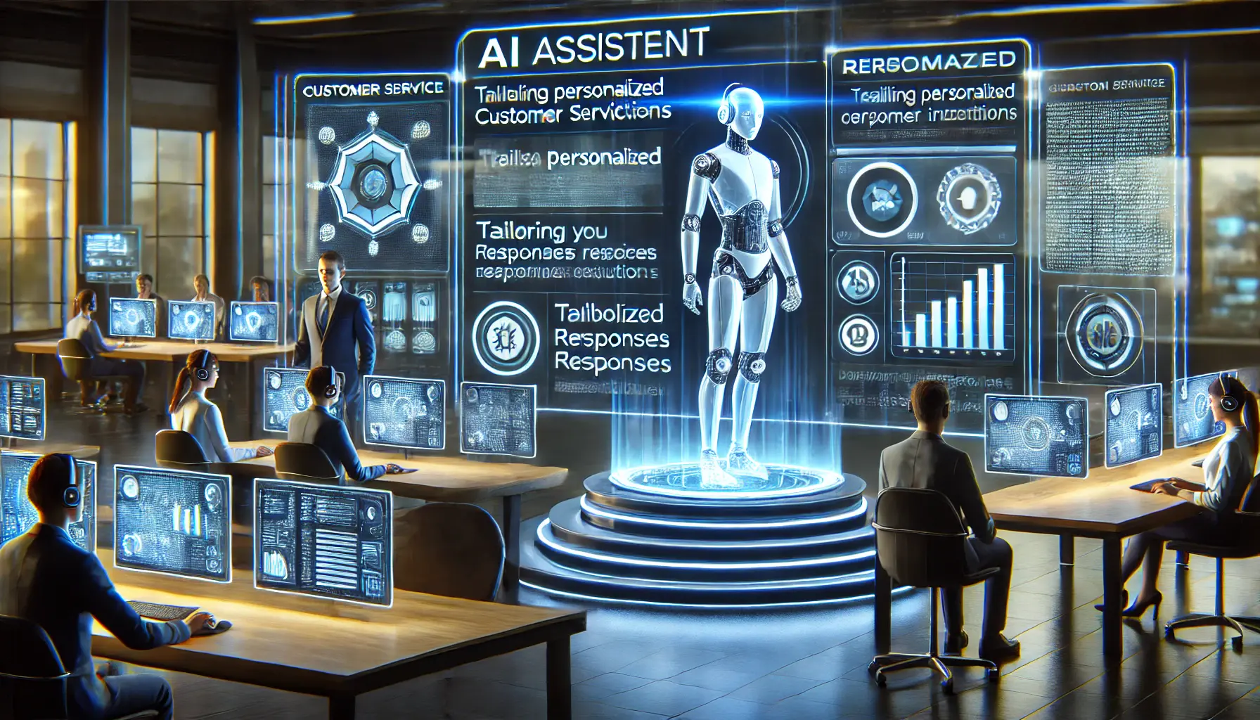 A futuristic AI system delivering personalized customer service by tailoring responses based on customer data, with customized recommendations displayed on holographic screens.