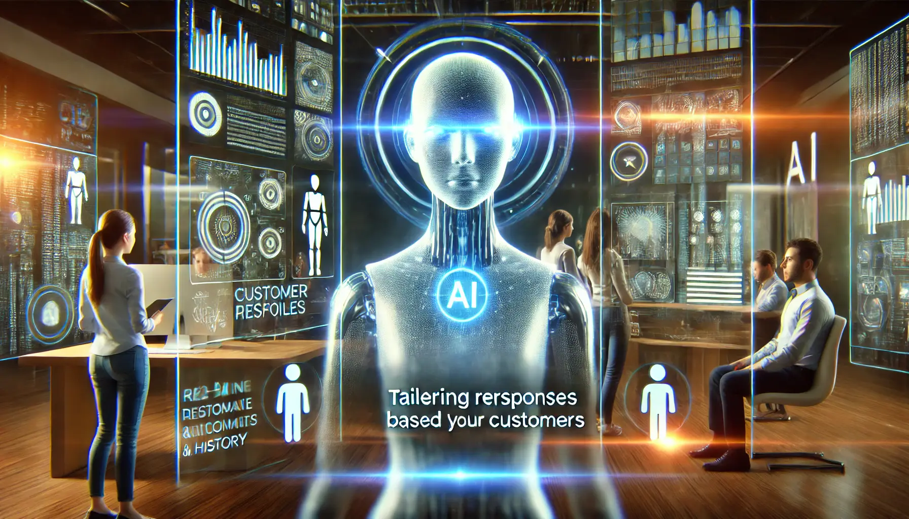 A futuristic AI assistant providing personalized responses to a customer based on their preferences and history through a holographic interface.