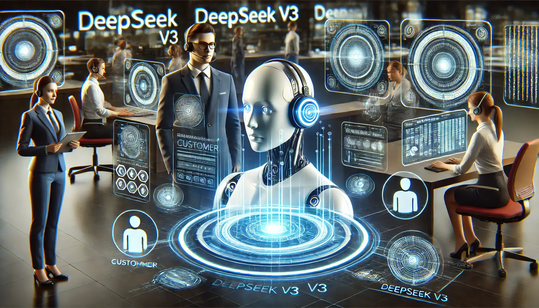 A futuristic customer service environment where AI-powered systems, such as DeepSeek v3, provide personalized interactions with real-time data analysis.