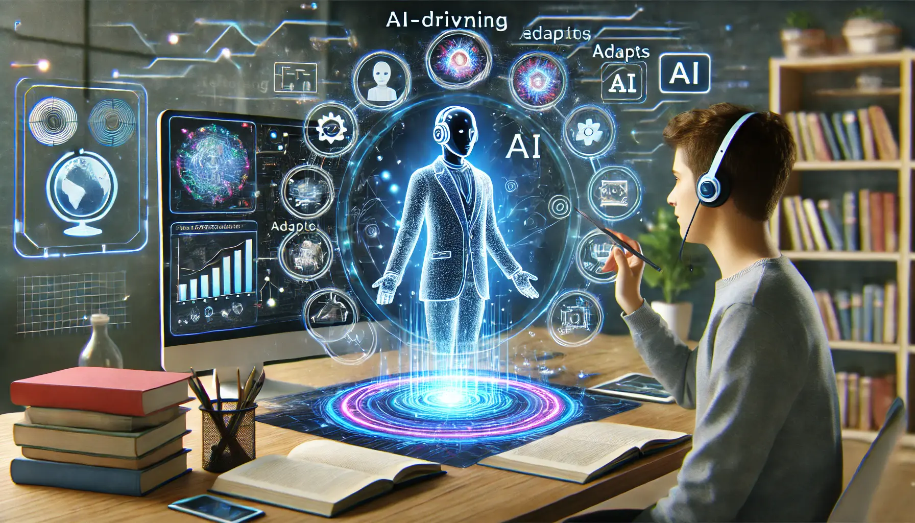 An AI-driven tutor interacting with a student through a holographic interface, adapting to the student's learning style.