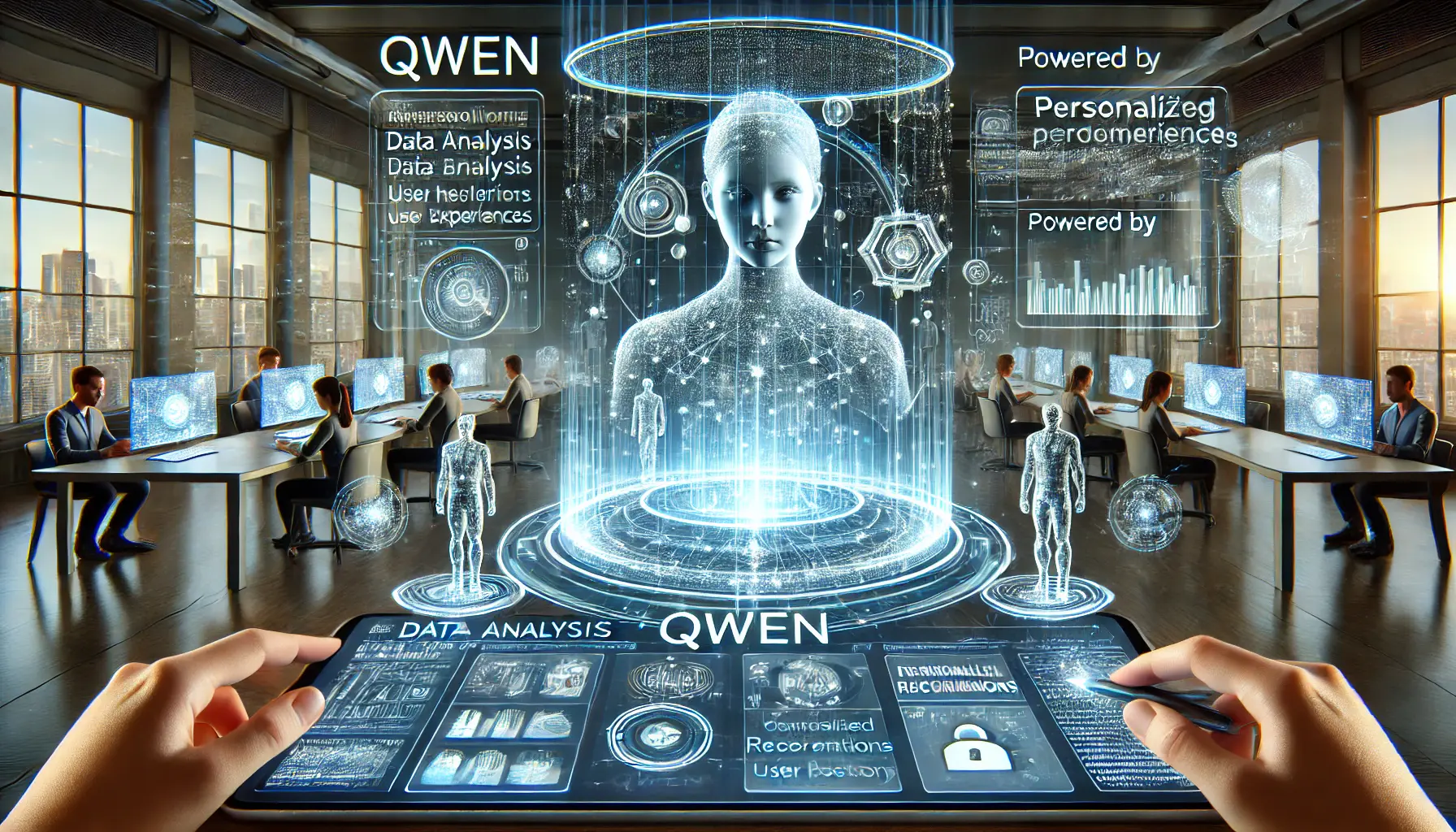 A high-tech data analysis interface powered by Qwen, showcasing personalized user experiences based on browsing history, preferences, and behavior patterns.