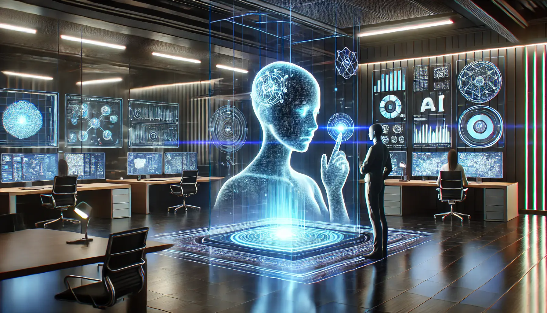 A futuristic AI interface glowing in blue and purple lights, interacting with a user in a high-tech workspace.