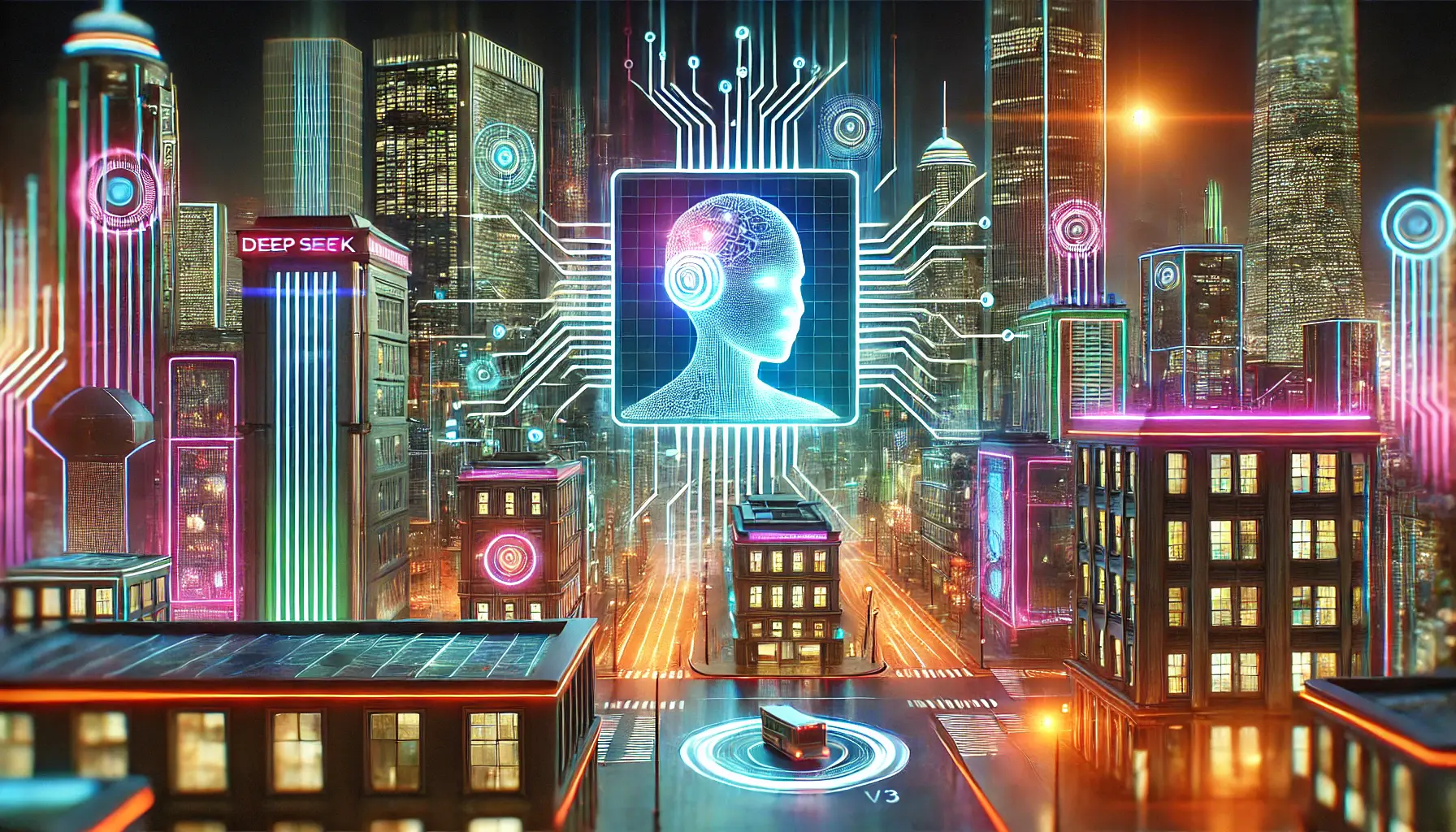 A futuristic AI-powered cityscape illuminated with vibrant neon lights, showcasing high-tech buildings with holographic displays and robotic automation.