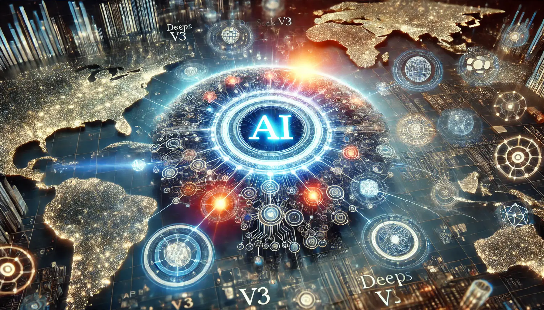 A futuristic AI ecosystem visualization with interconnected digital networks, glowing AI hubs, and a central AI sphere radiating energy, symbolizing DeepSeek v3’s role in the AI landscape.