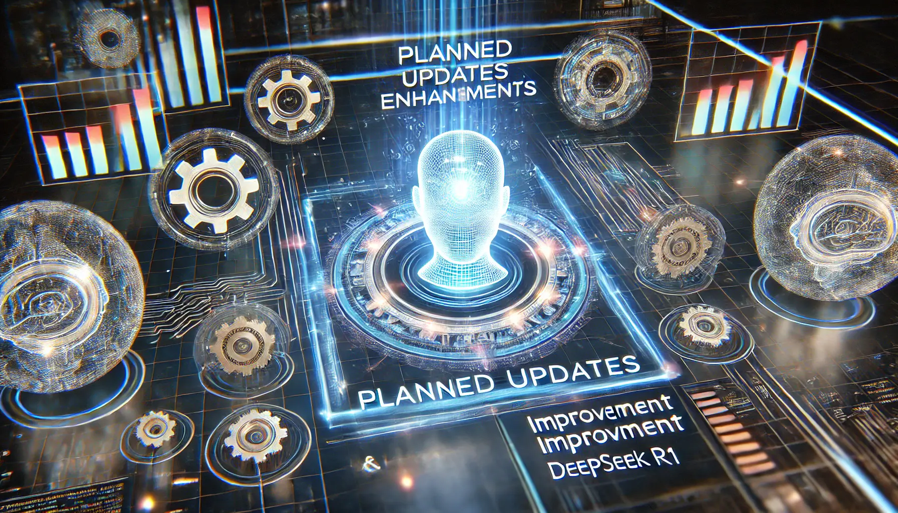 A futuristic digital scene representing planned updates and enhancements for DeepSeek R1. The image features a glowing AI model at the center, surrounded by holographic gears, circuits, and improvement indicators symbolizing the upcoming updates. In the background, digital progress bars and algorithmic patterns evolve, illustrating the continuous improvement of the AI model. The scene emphasizes innovation, technology, and the ongoing development of DeepSeek R1’s capabilities.