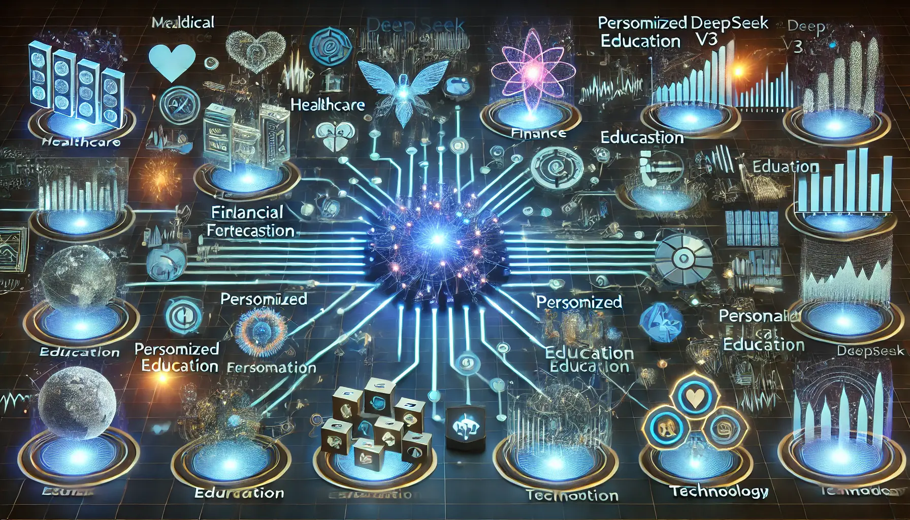 A high-tech visualization of possible use cases for DeepSeek v3, showing neural networks processing tasks in industries like healthcare, finance, education, and technology.