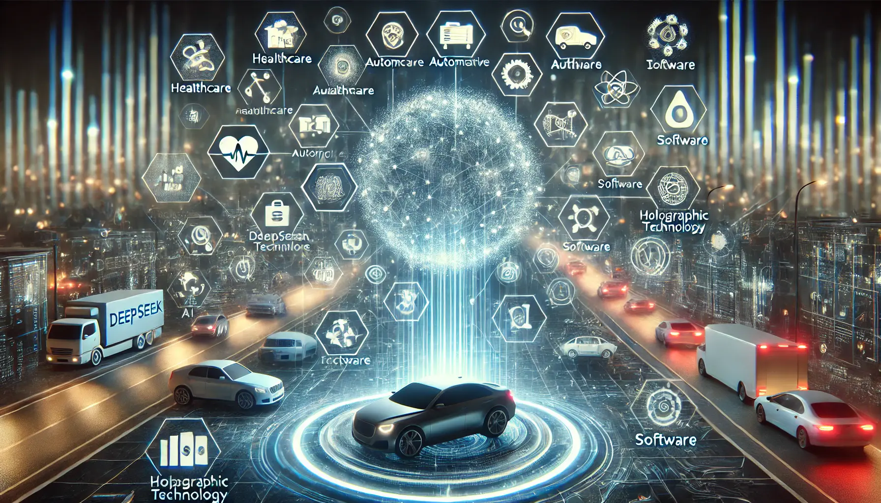 A futuristic digital landscape showcasing the potential applications of DeepSeek R1 across various industries. The image includes holographic representations of different sectors such as healthcare, automotive, software, and holographic technology. Each industry is represented by glowing symbols and interconnected data streams, showing how DeepSeek R1 can transform each sector. The scene highlights innovation and the integration of AI into various real-world applications, symbolizing the wide-reaching impact of DeepSeek R1.