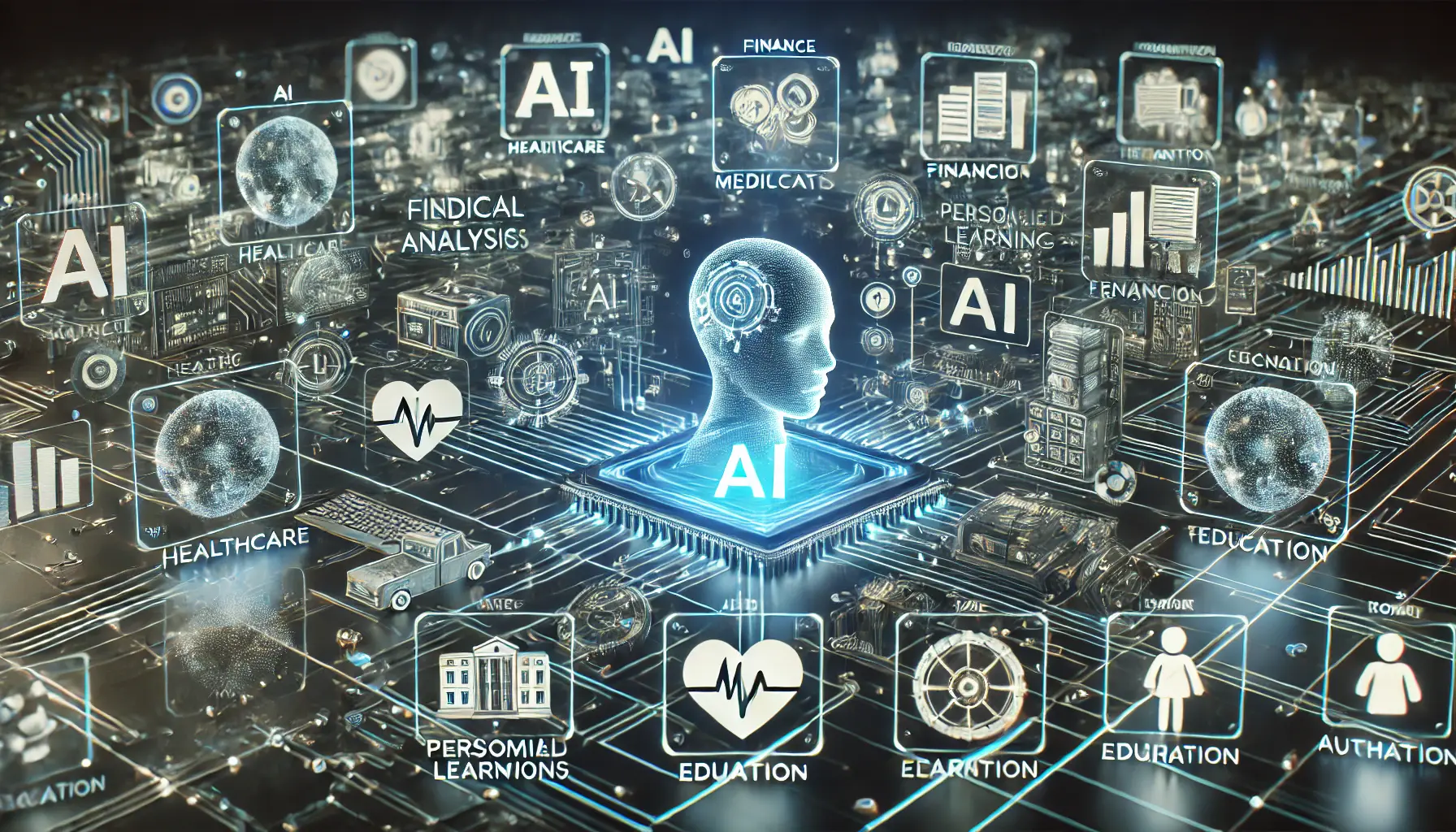 A futuristic AI system integrating with various industries, including healthcare, finance, education, and technology, with holographic interfaces displaying AI-powered applications.