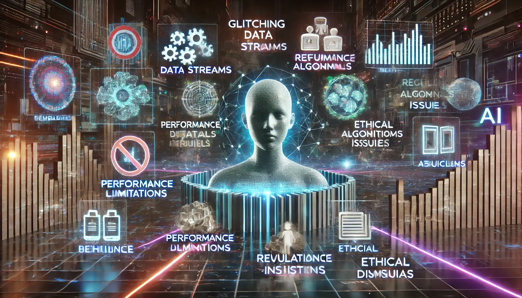 A futuristic visualization of potential challenges ahead for AI development, featuring obstacles like glitching data streams, security issues, and regulatory constraints.