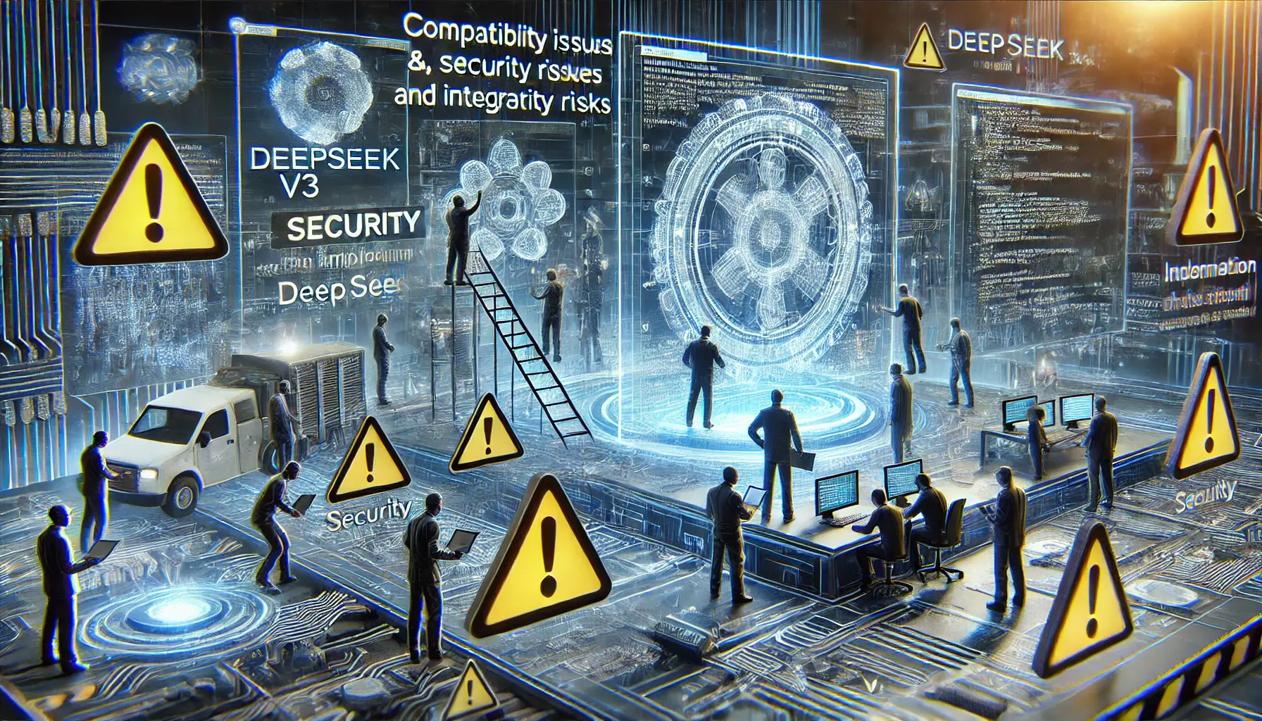 A futuristic scene showing a team of developers encountering obstacles like compatibility issues, security risks, and integration hurdles, represented by complex code and warning signs.