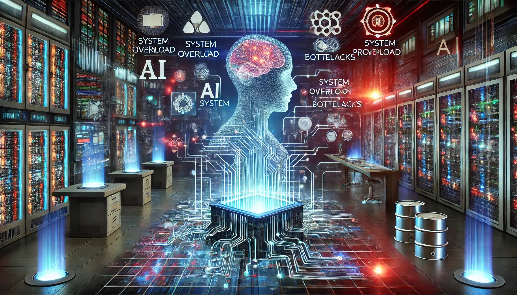 A futuristic AI system encountering computational difficulties, represented by a digital neural network struggling with overwhelming data processing and system overload.