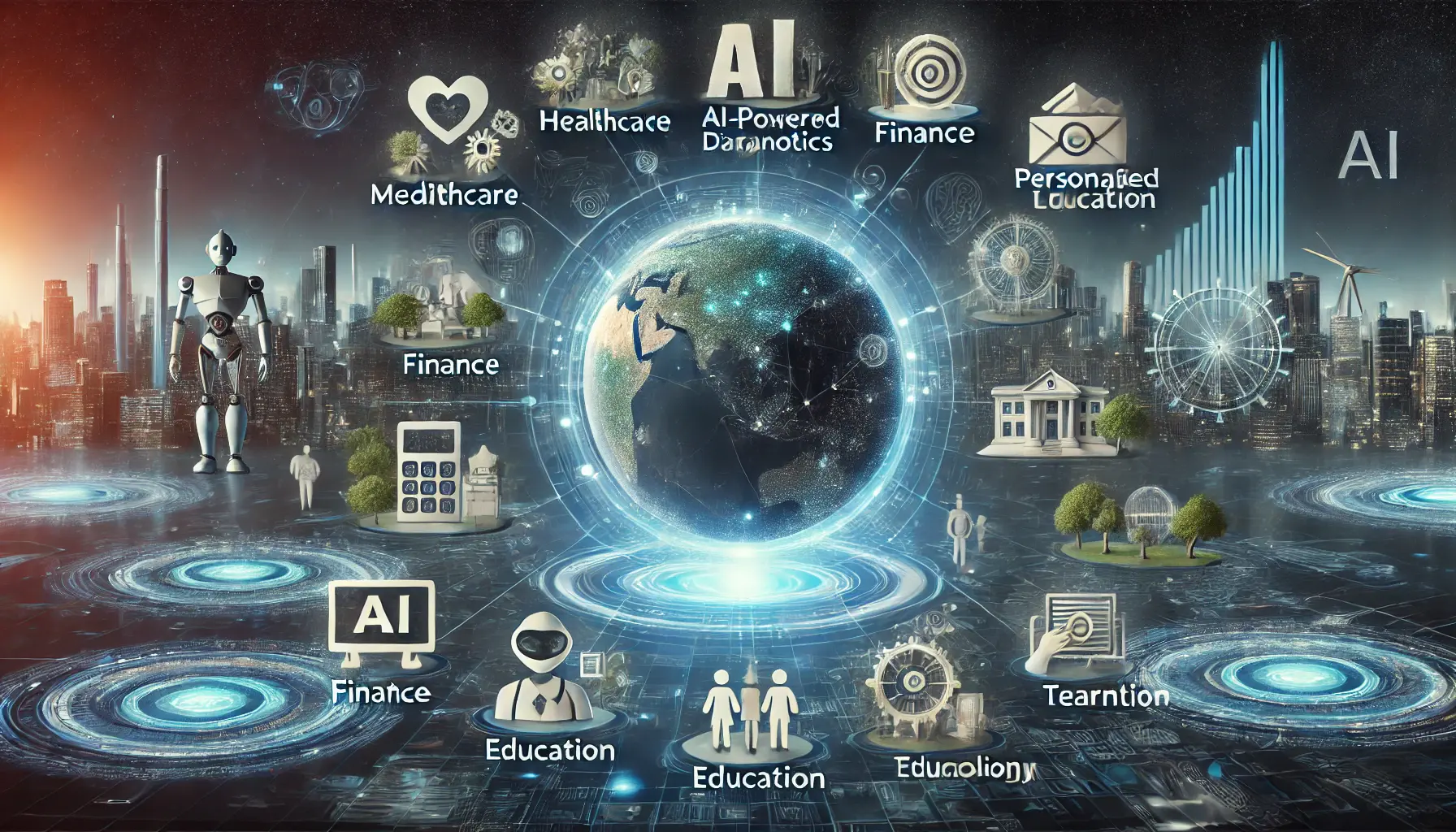 A futuristic visual showing potential changes across sectors like healthcare, finance, education, and technology, with AI applications transforming each industry.