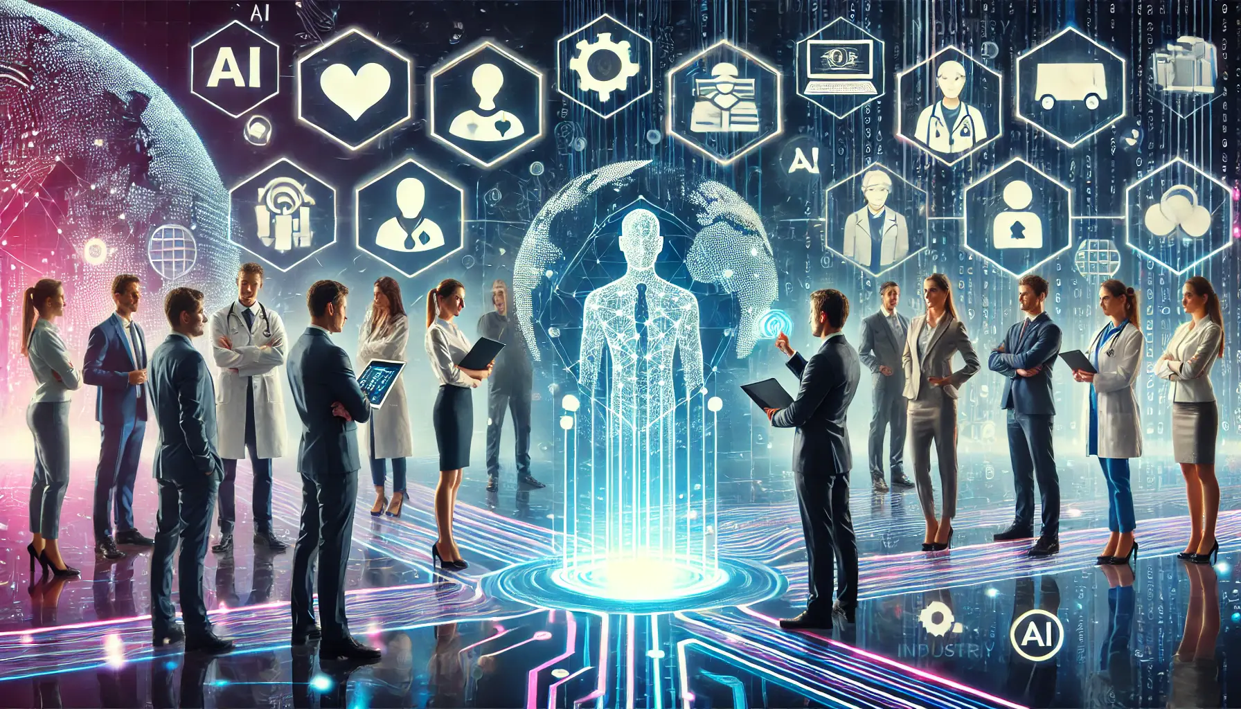 A high-tech depiction of professionals from various industries, such as healthcare, finance, and technology, collaborating with an advanced AI model through holographic interfaces.