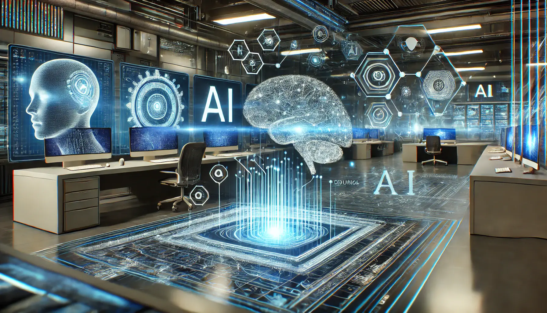 A futuristic AI development lab with holographic interfaces and glowing neural pathways, symbolizing the continuous improvements in AI technology.