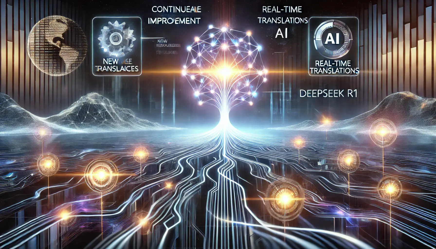 A futuristic digital landscape with a neural network and glowing nodes symbolizing the potential enhancements of DeepSeek R1.