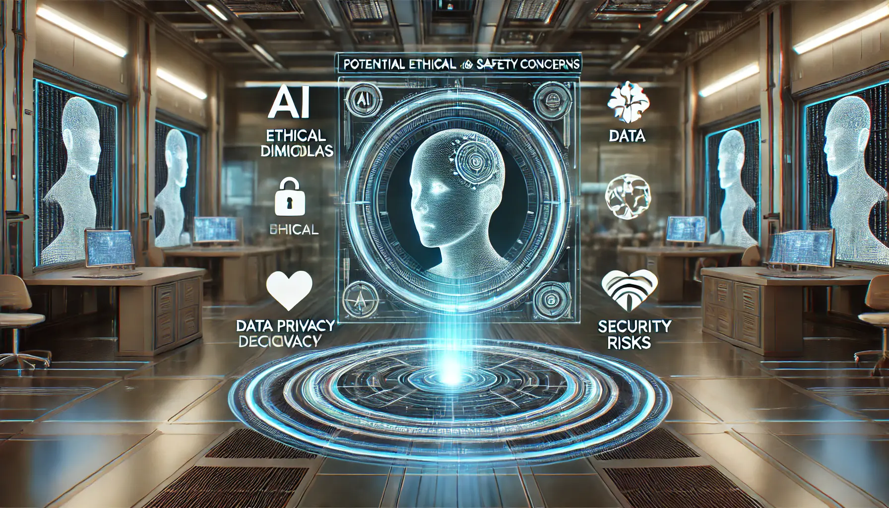 A futuristic AI system displaying potential ethical and safety concerns in a high-tech environment.