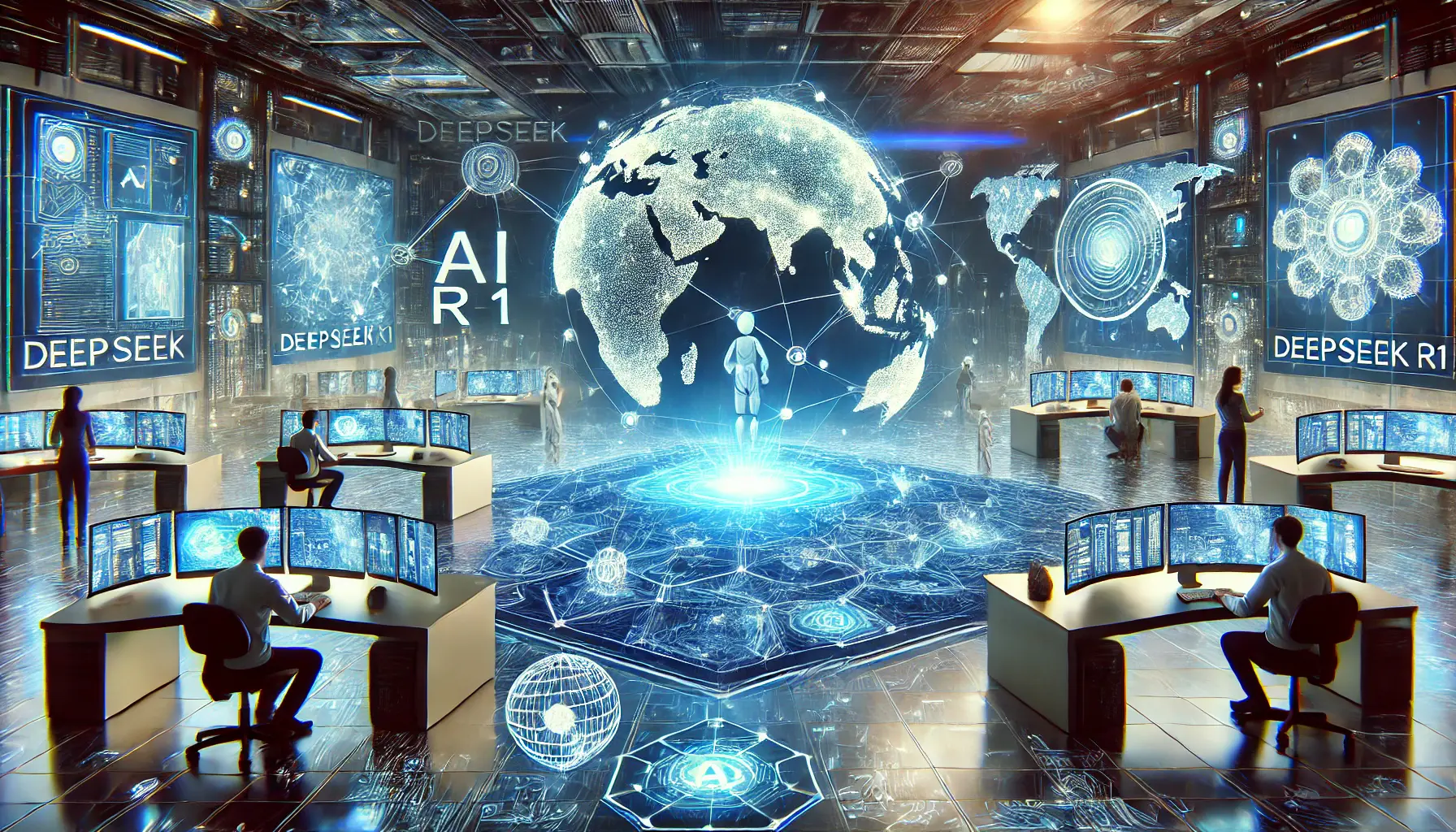 A futuristic AI-driven global network with interconnected AI hubs, glowing neural pathways, and holographic world maps displaying AI advancements.