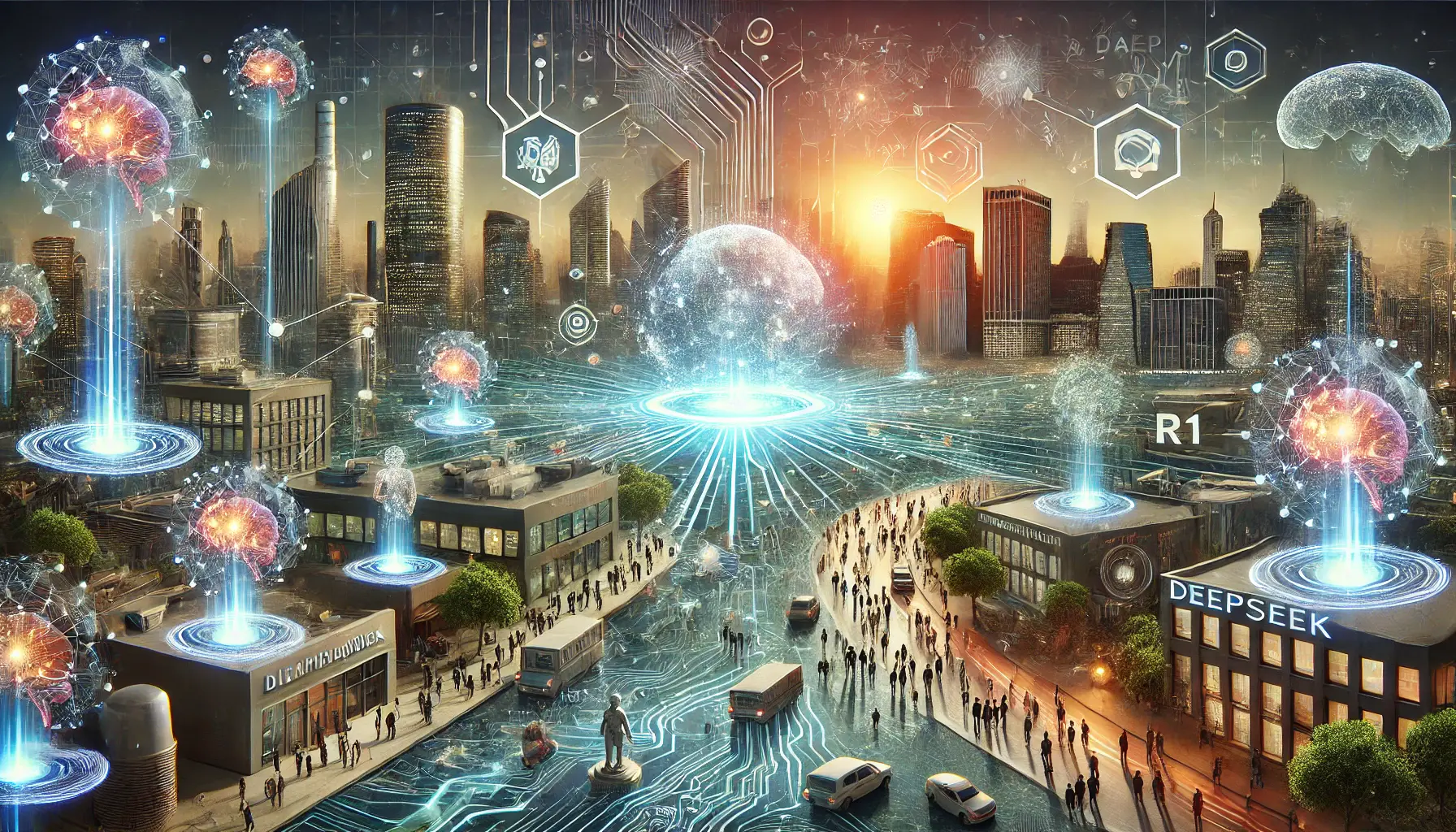 A futuristic scenario showing traditional industries being disrupted by innovative AI models like DeepSeek R1, with holographic representations of various sectors.