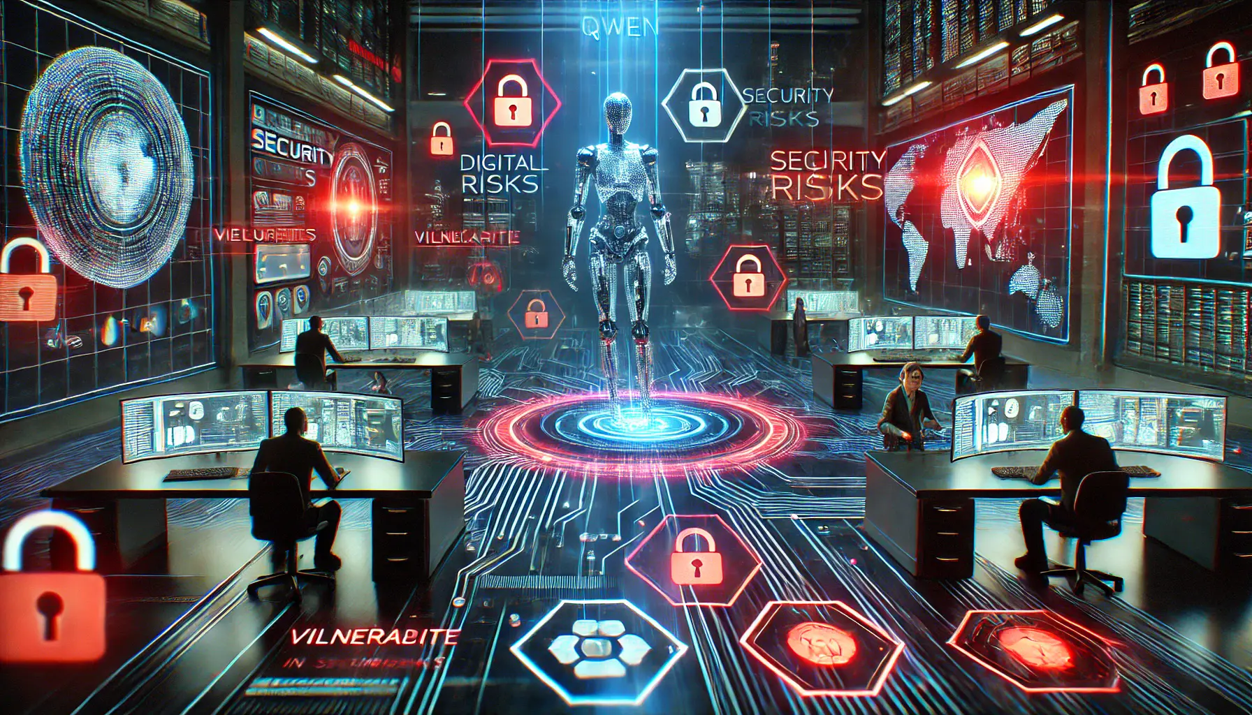 A high-tech control center where professionals are identifying vulnerabilities in AI models like Qwen, with digital breaches and security alerts visible on holographic displays.