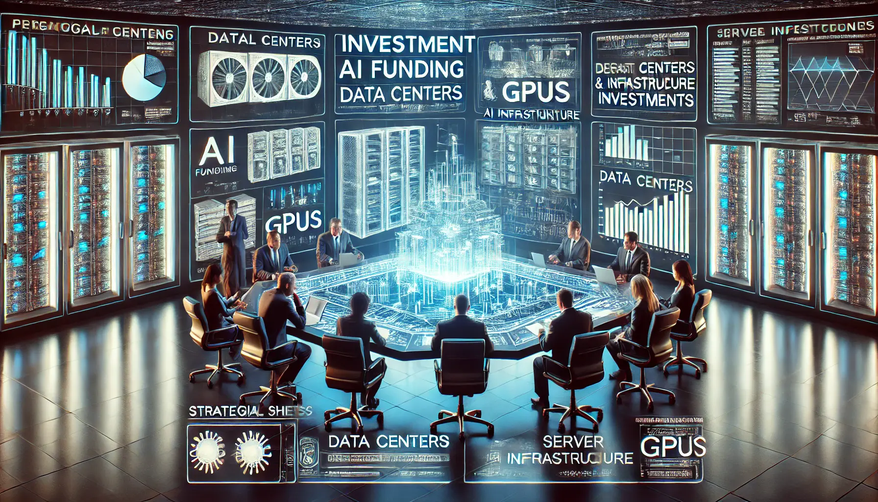 A futuristic meeting room where professionals discuss shifts in AI funding and infrastructure investments, displaying financial graphs and AI infrastructure plans.