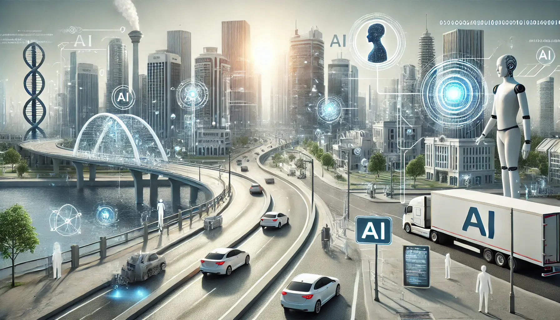 A cityscape with AI integration, featuring autonomous vehicles, smart buildings, and people interacting with AI-powered personal assistants.