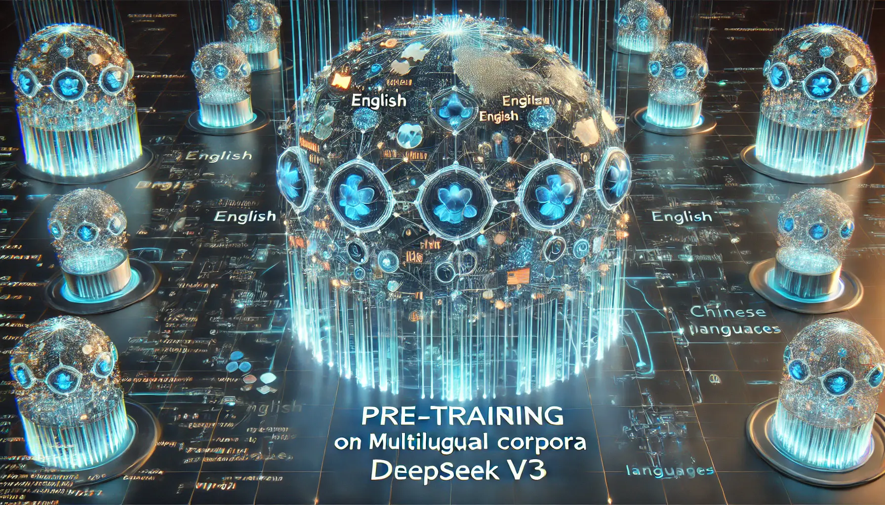 A high-tech visualization of DeepSeek v3 pre-training on multilingual corpora, with interconnected neural networks absorbing diverse language data streams.